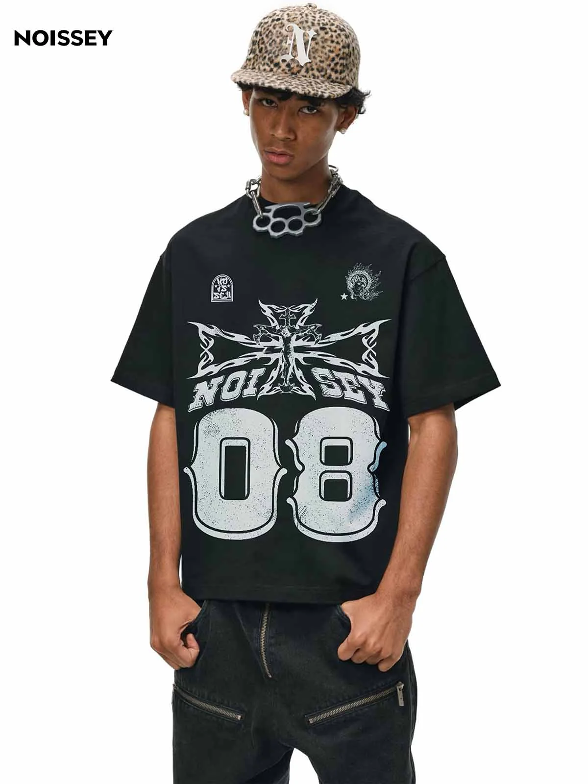 08 Street Flame Cross Black Wash Print T-shirt - Image 5