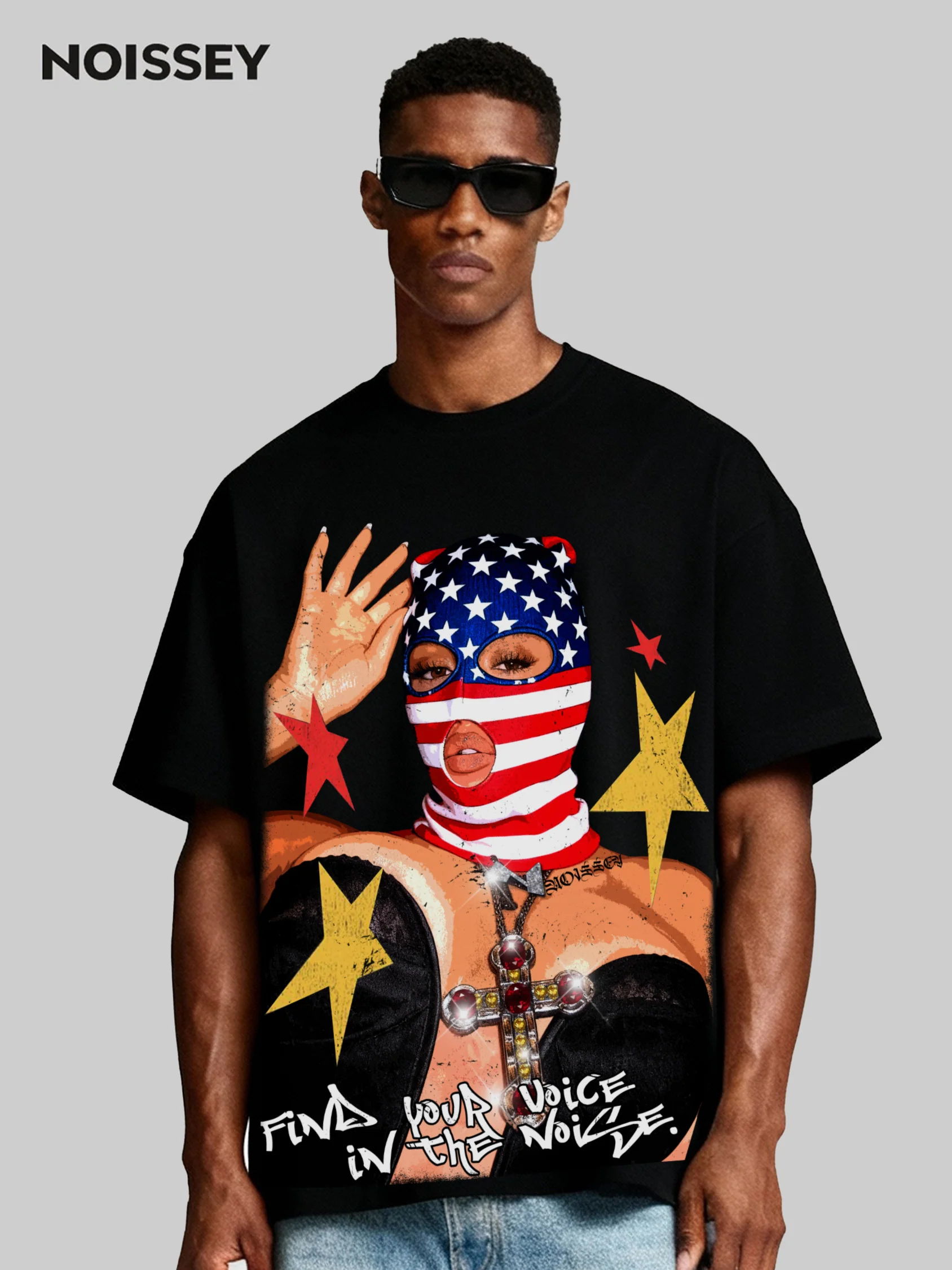 American Flag Balaclava Lady Art Painting Print Boxy Oversized T-shirt - Image 2