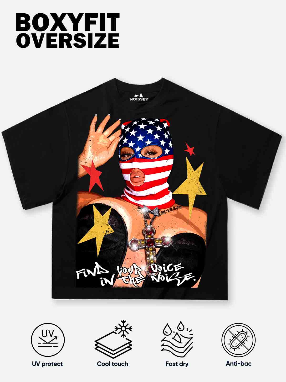 American Flag Balaclava Lady Art Painting Print Boxy Oversized T-shirt - Image 3
