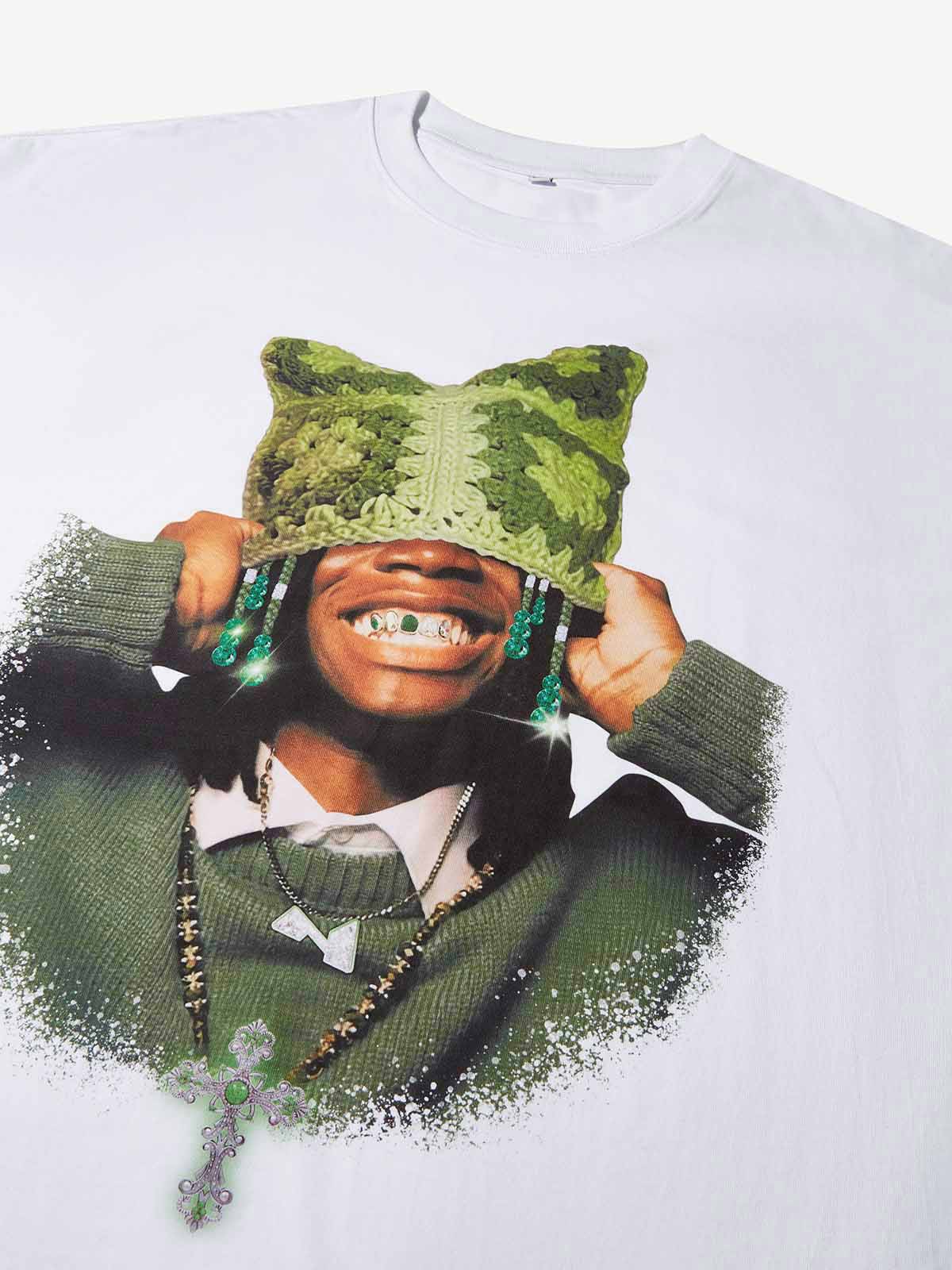 Boxy oversized T-shirt Avocado Green Cat Ear Crochet Hat Printed - Image 4
