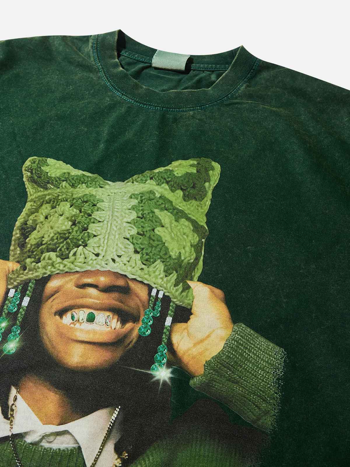 Avocado Green Cat Ear Crochet Hat Washed Printed T-Shirt - Image 4