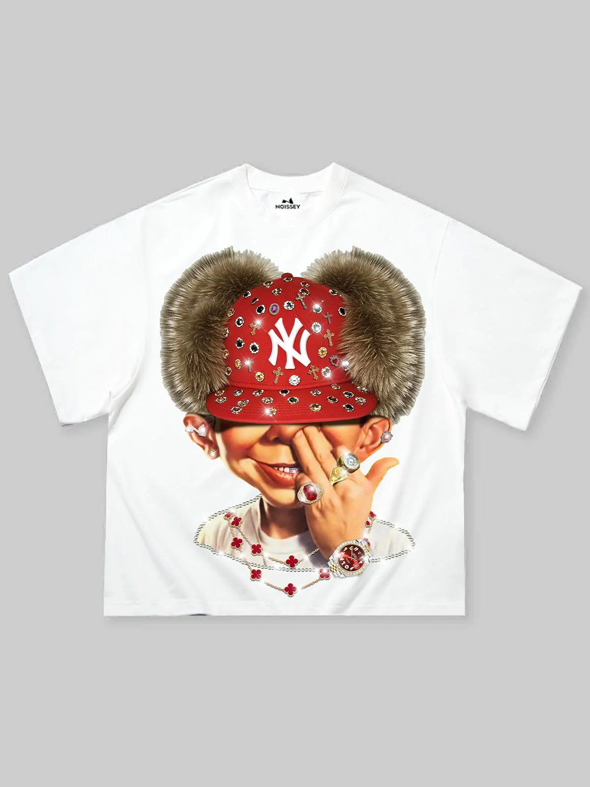 "Bad Boy" & Red Diamond Beanie Print Boxy oversized T-shirt