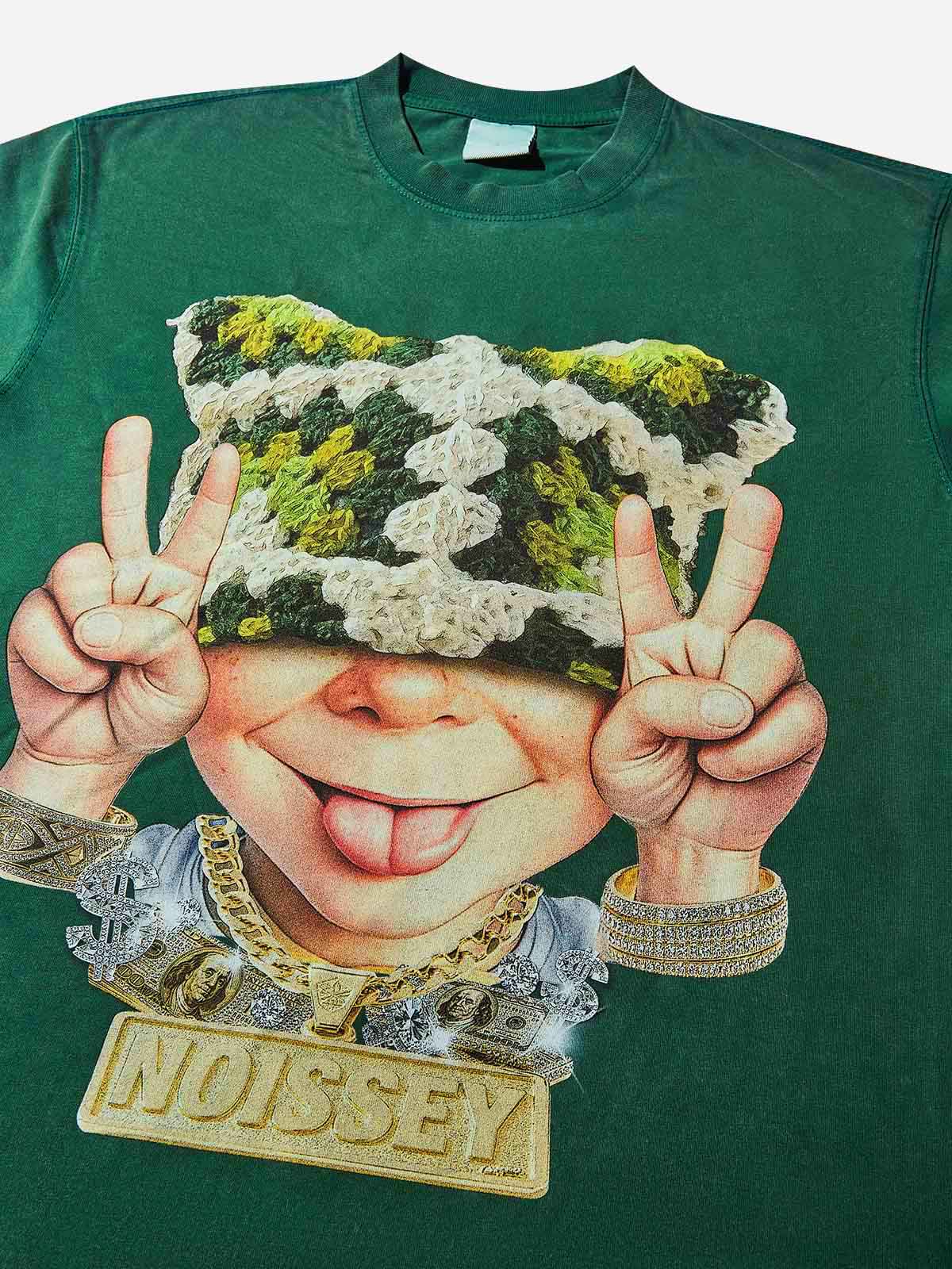 Bad boy wearing green cat hat washed green print T-shirt - Image 4