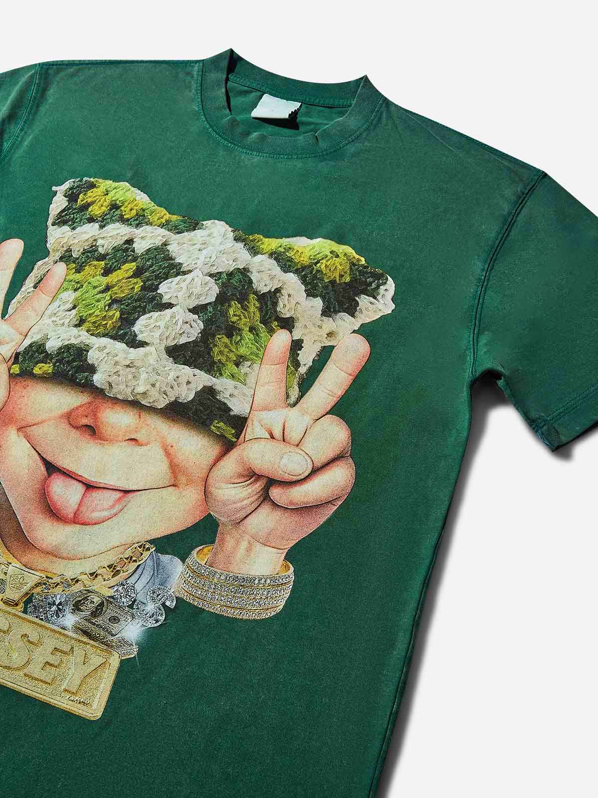 Bad boy wearing green cat hat washed green print T-shirt - Image 5