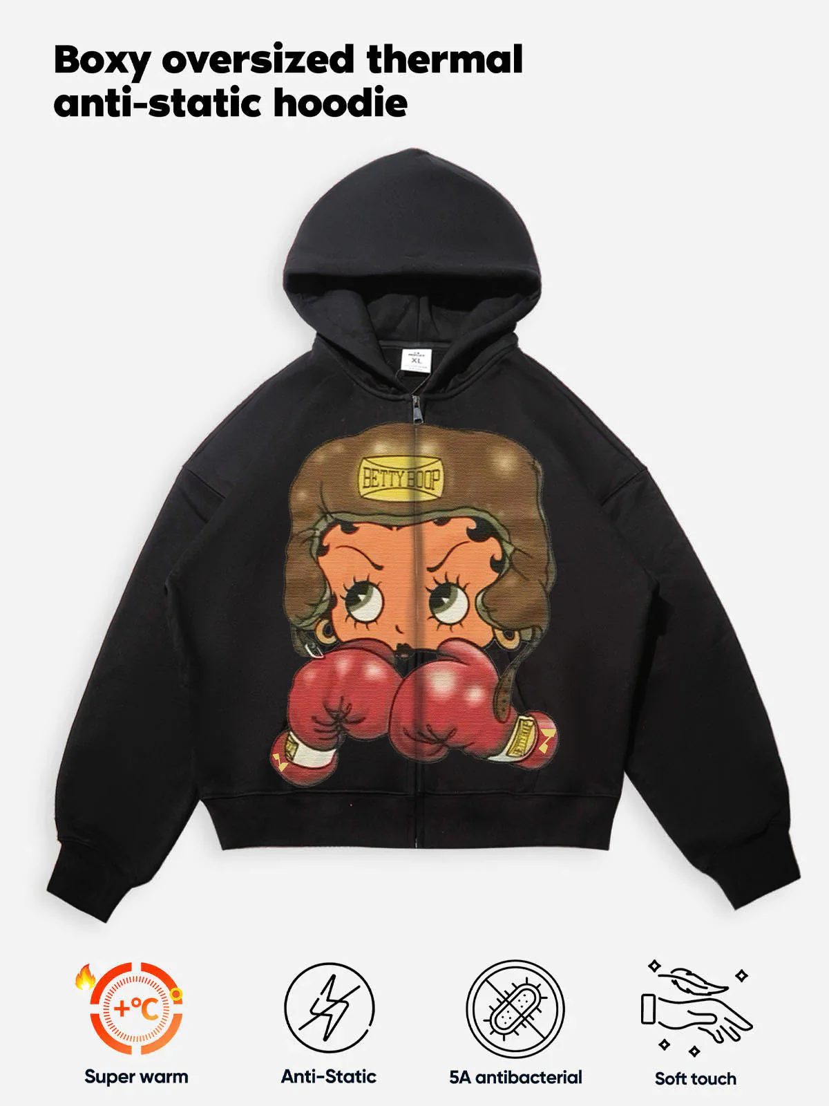 Vintage Betty Boop Boxing Graphic Hoodie - Y2K Aesthetic Boxy Zip-Up - Image 14
