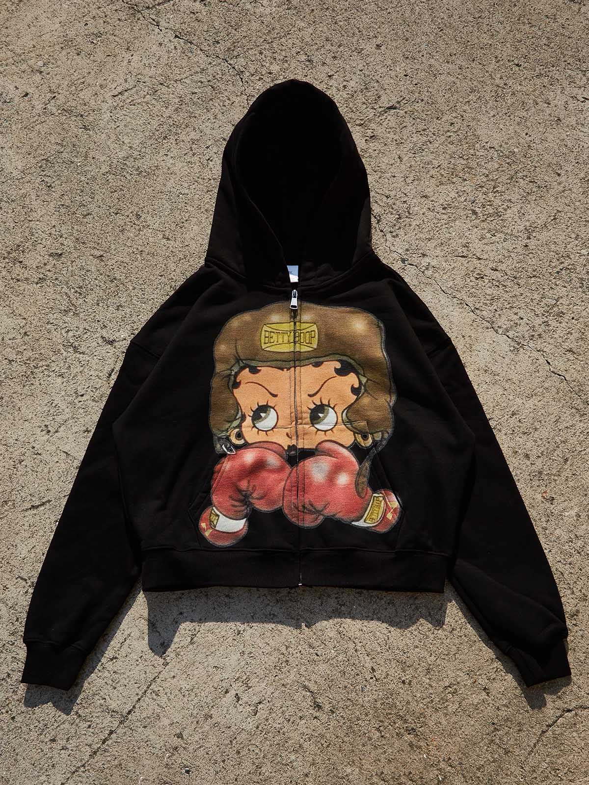 Vintage Betty Boop Boxing Graphic Hoodie - Y2K Aesthetic Boxy Zip-Up - Image 7