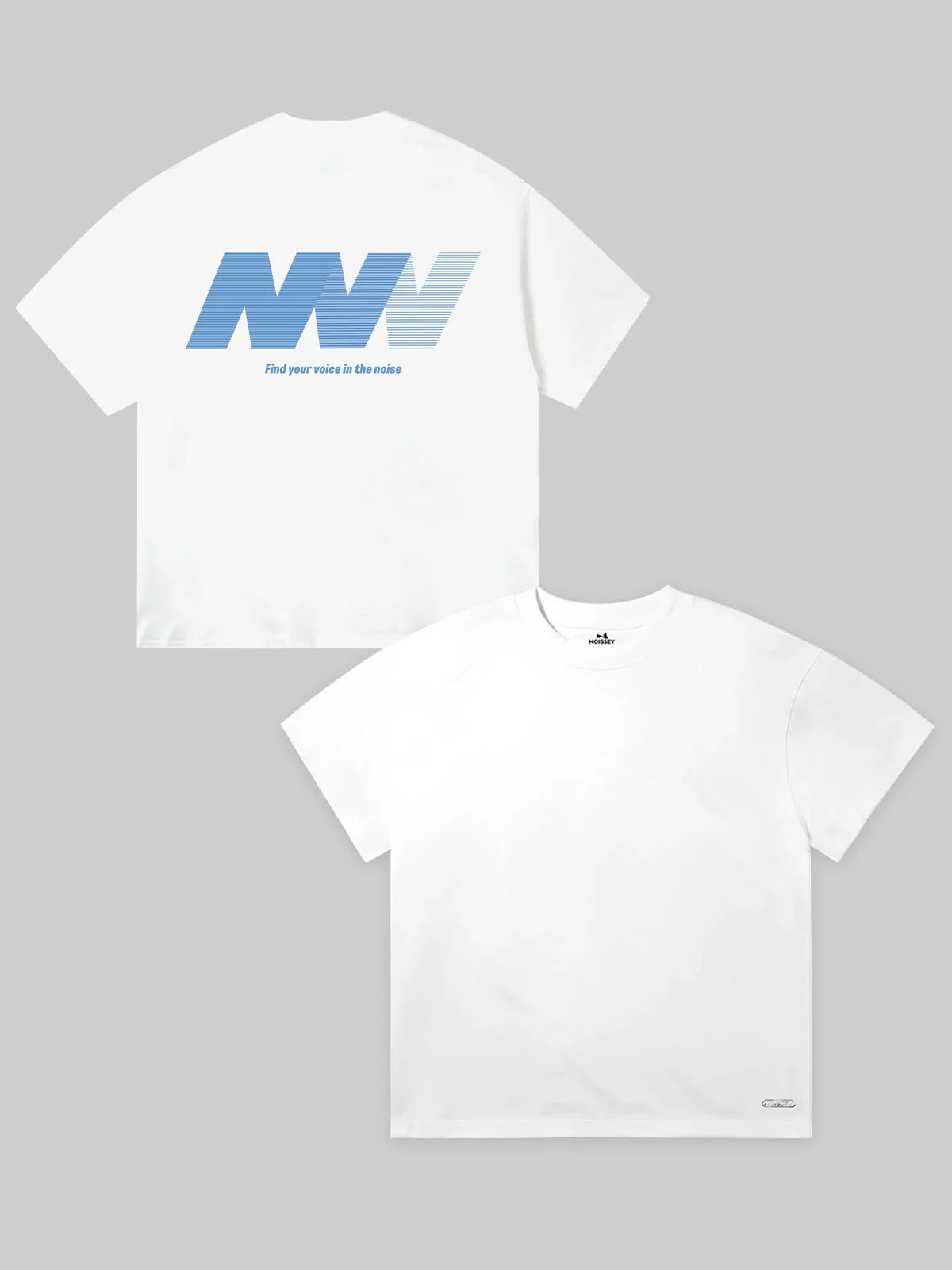 Blue and white "Find your voice in the noise" N-letter pattern short-sleeve T-shirt