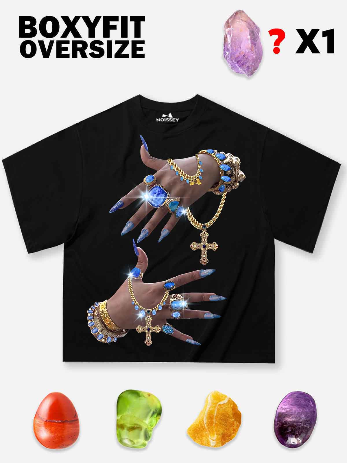 Blue Gem and Nail Art Print Boxy Oversized T-Shirt - Image 3