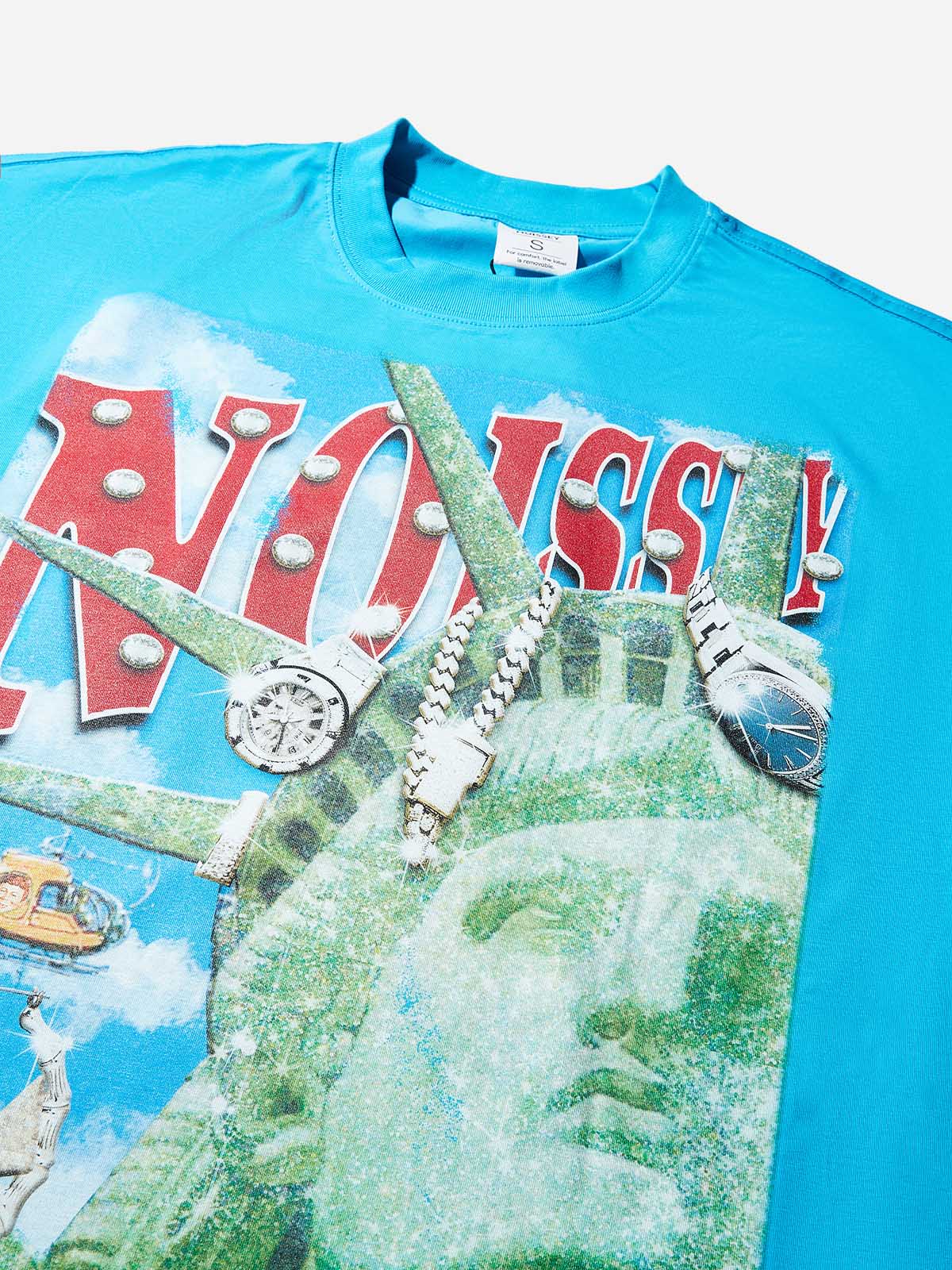 Boxy Oversized Blue T-shirt with Sparkling Statue of Liberty Print - Image 5