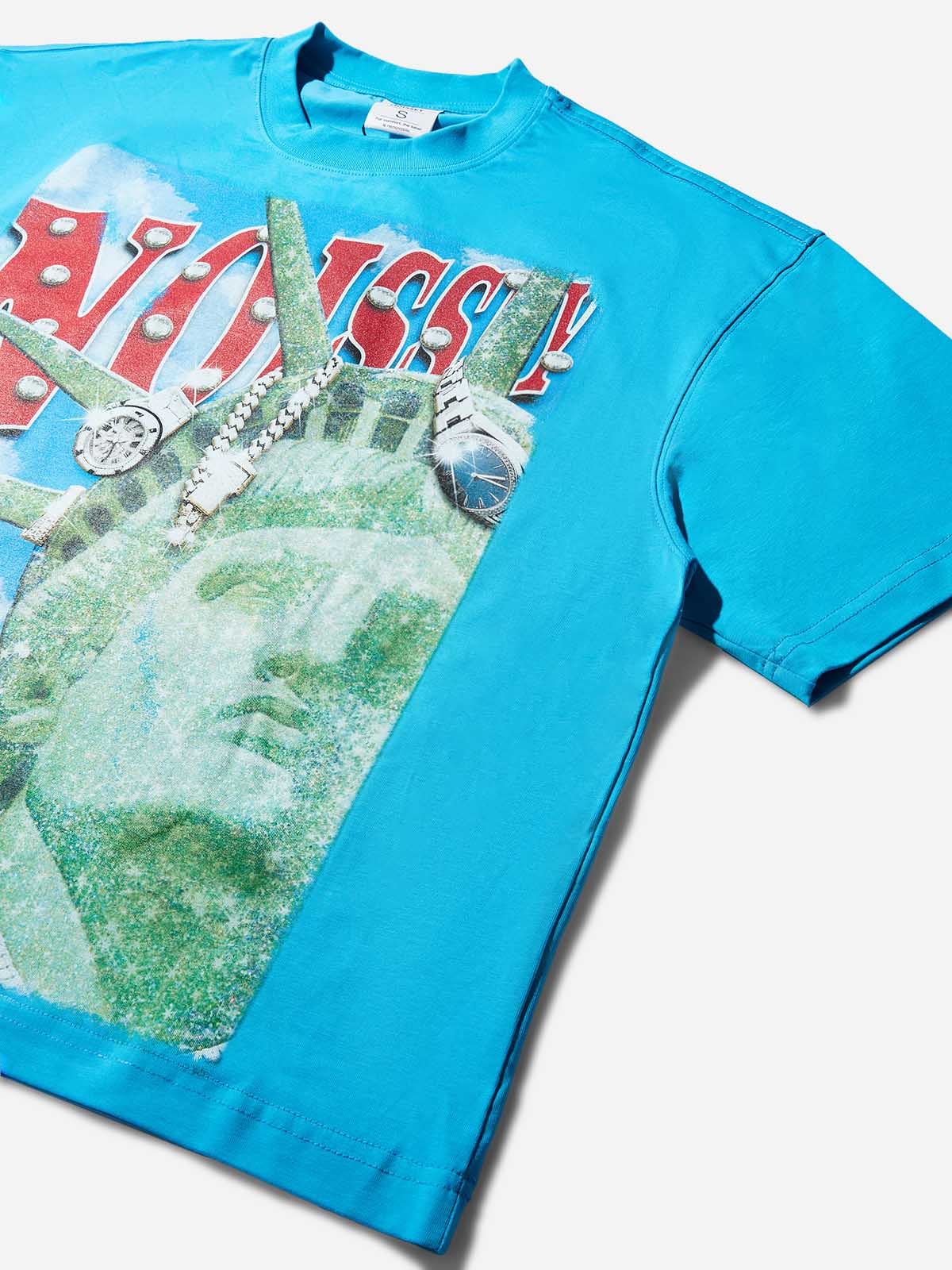 Boxy Oversized Blue T-shirt with Sparkling Statue of Liberty Print - Image 6