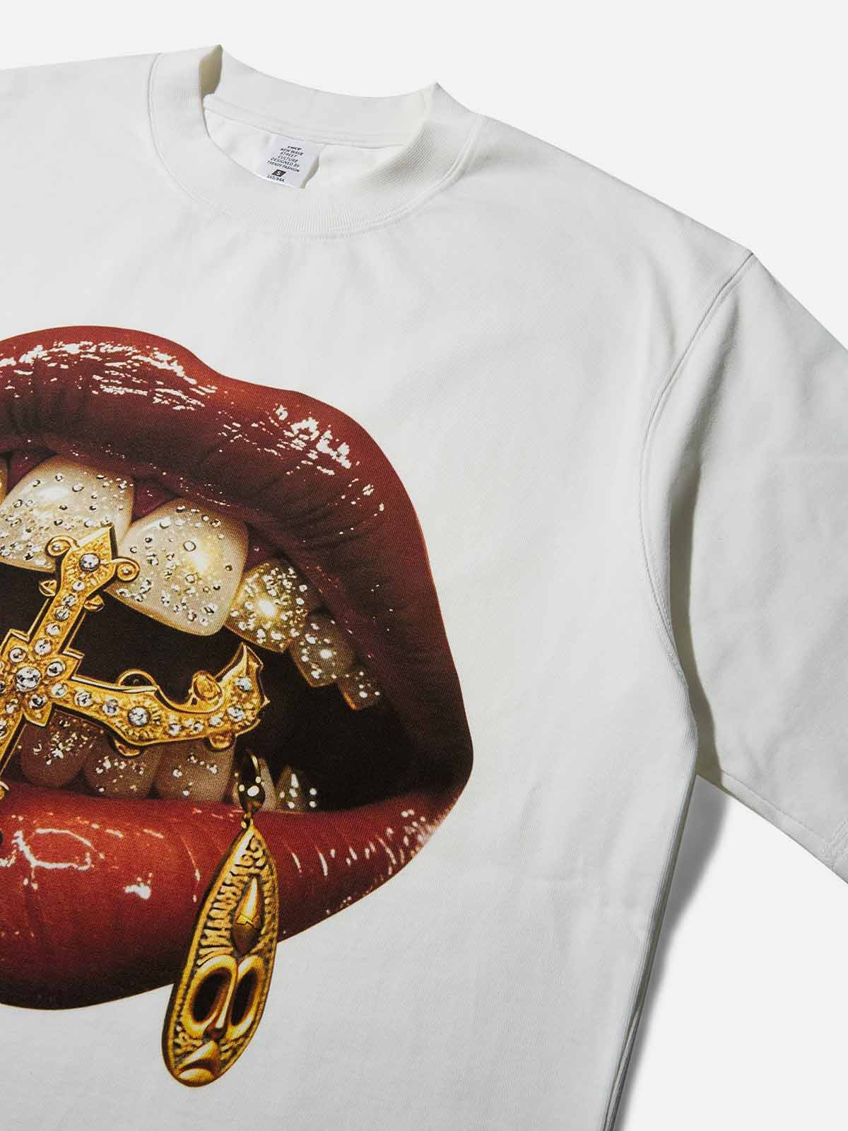 Boxy Oversized T-shirt Gold Diamond Ring and Mask Culture Lip Print - Image 8