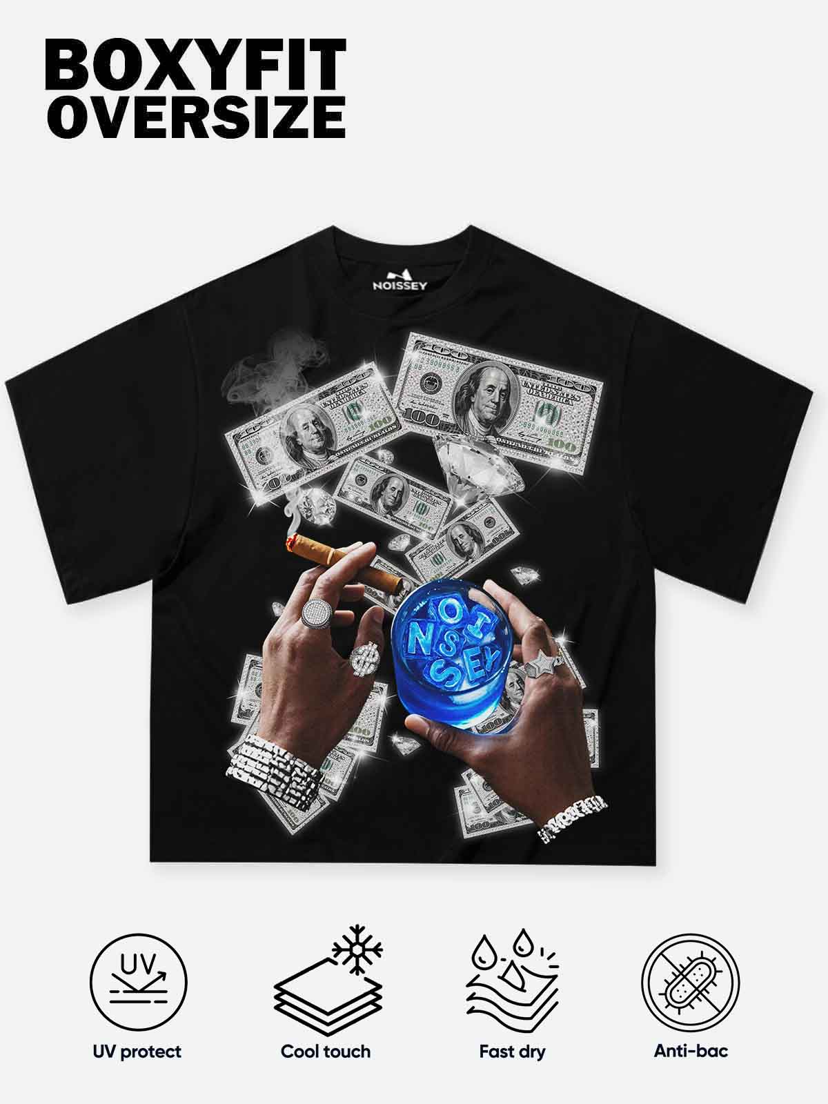 Boxy oversized T-shirt holding money and wine street print - Image 2