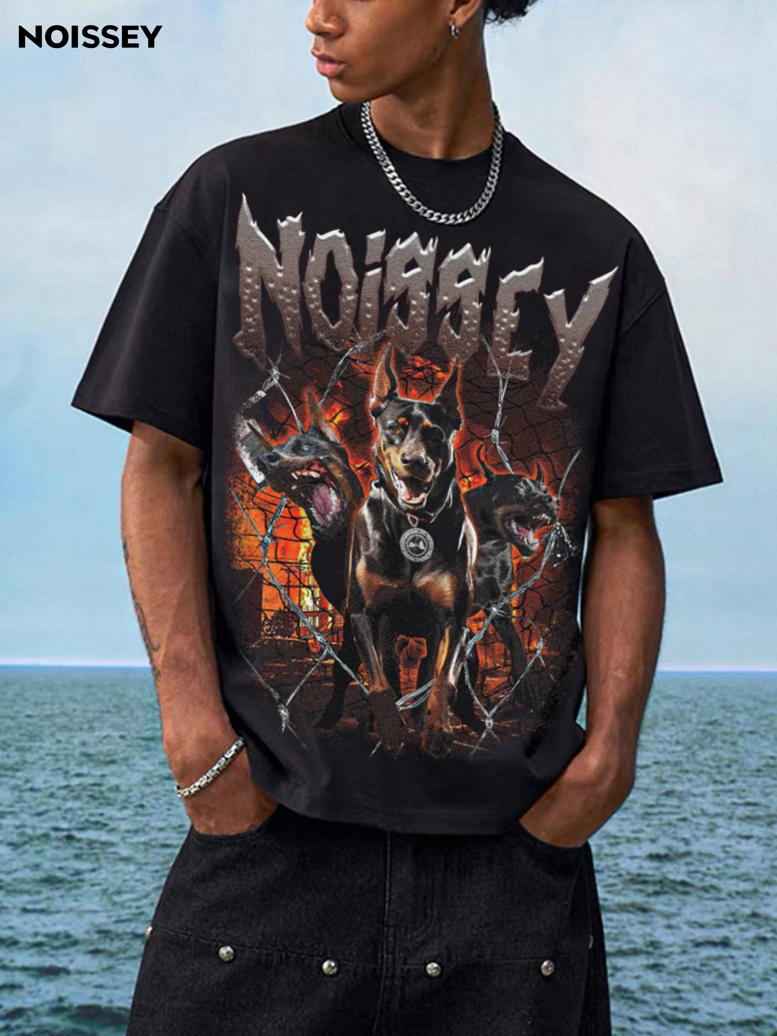 Boxy Oversized T-shirt "Three-Headed Doberman Breaking Through Barbed Wire" - Image 12