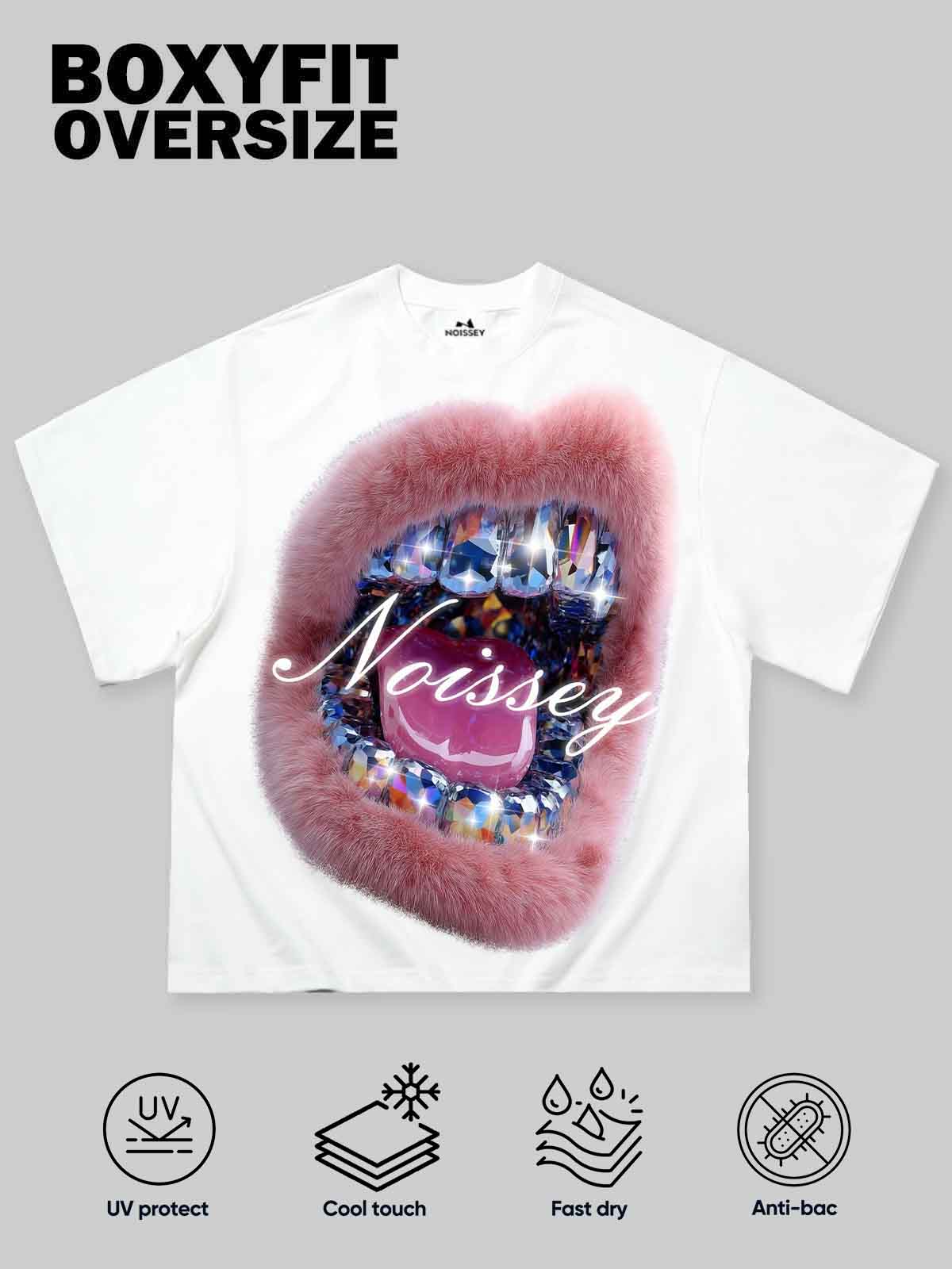 Boxy Oversized T-Shirt with Artistic Diamond Plush Lip Print - Image 2