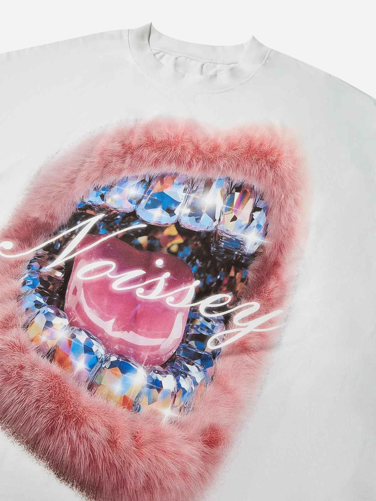 Boxy Oversized T-Shirt with Artistic Diamond Plush Lip Print - Image 5