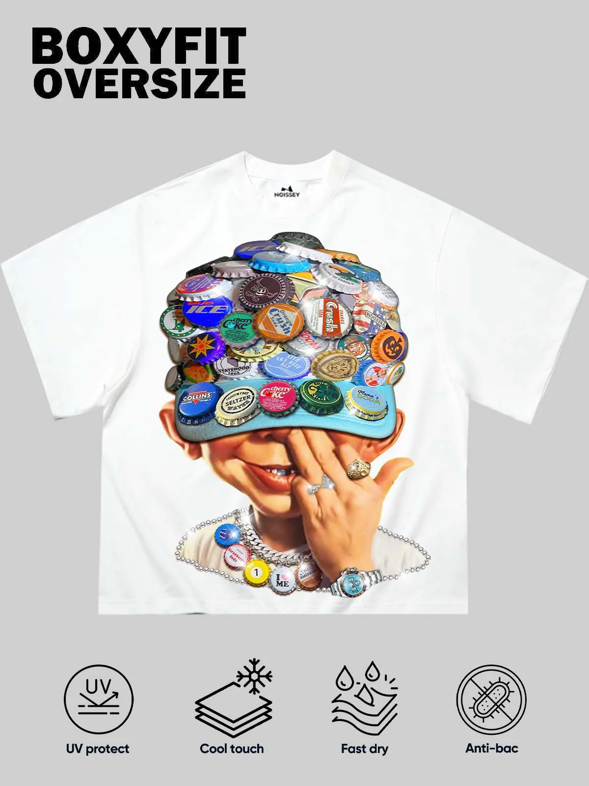 Boxy Oversized T-shirt with Bab Boy Print and Bottle Cap Art Baseball Cap - Image 2