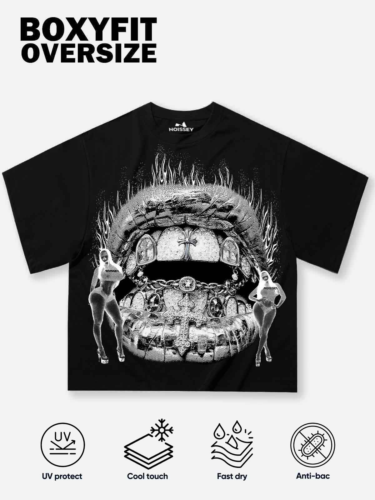 Boxy oversized T-shirt with Black-and-White Negative Burning Lips Print - Image 2