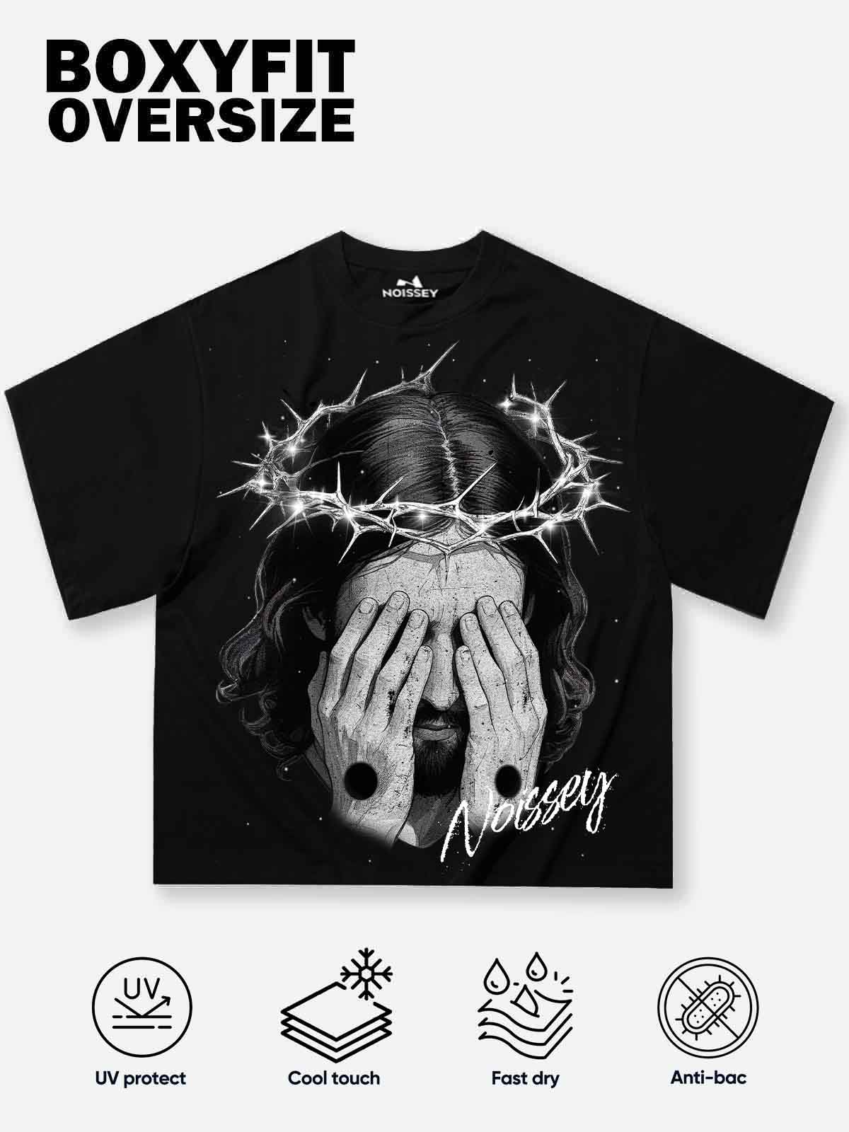 Boxy oversized T-shirt with black-white retro covering-face Jesus print - Image 2