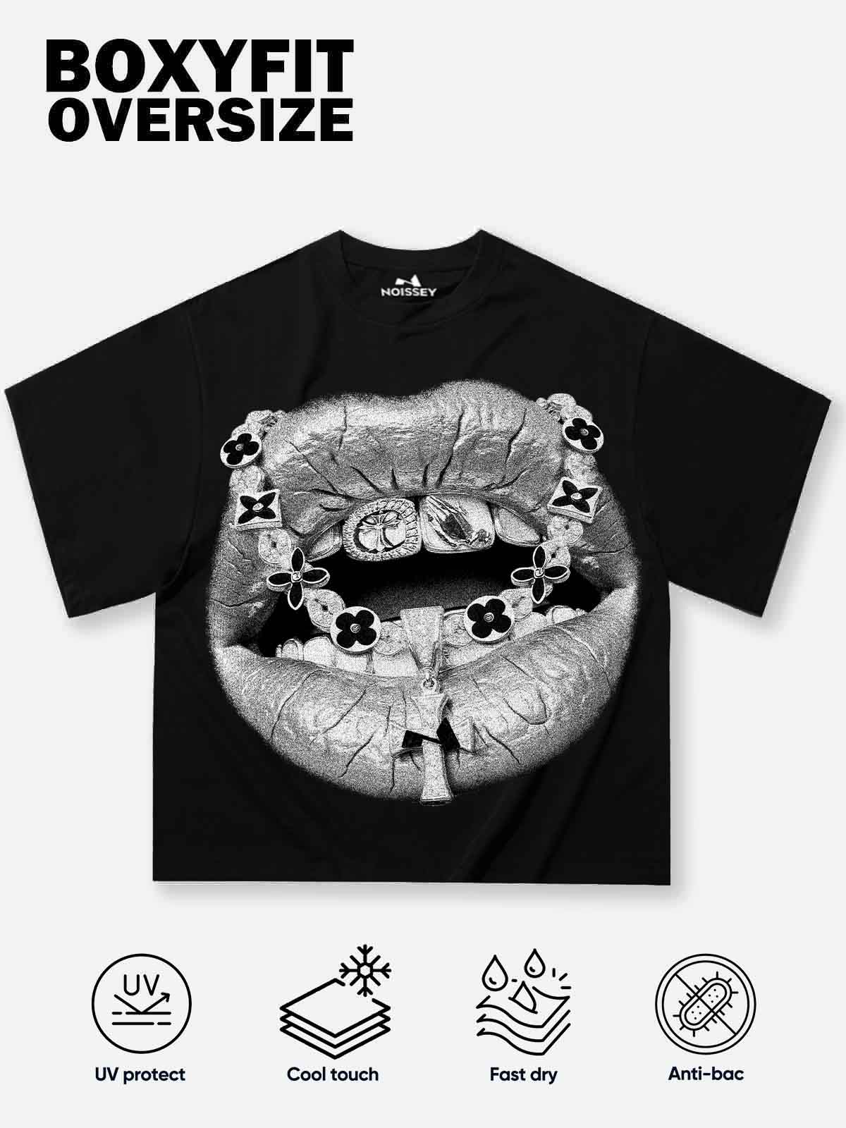 Boxy oversized T-shirt with black-white retro cross and lip print - Image 2
