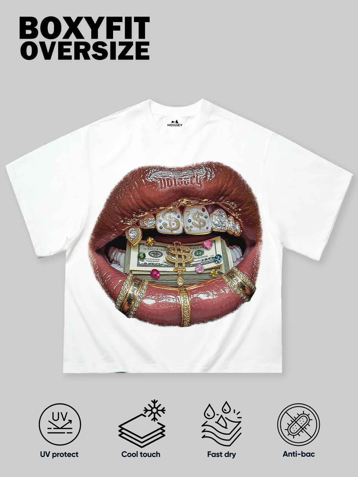 Boxy Oversized T-shirt with Money-Embedded Lips Print - Image 2