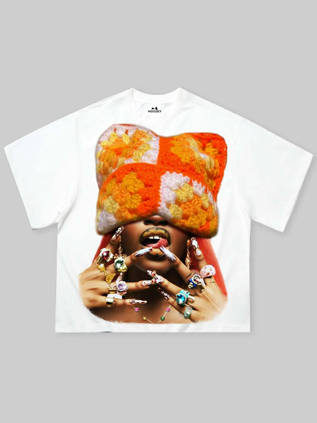 Boxy Oversized T-shirt with Orange Cat-Ear Hoodie Girl Print