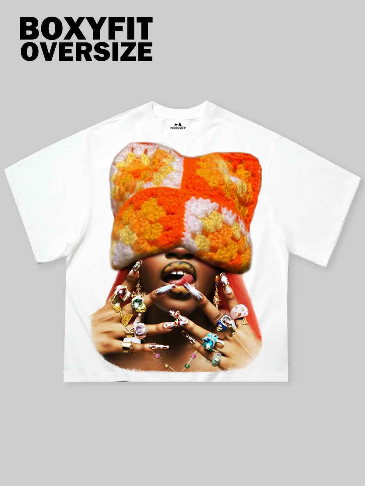 Boxy Oversized T-shirt with Orange Cat-Ear Hoodie Girl Print - Image 2