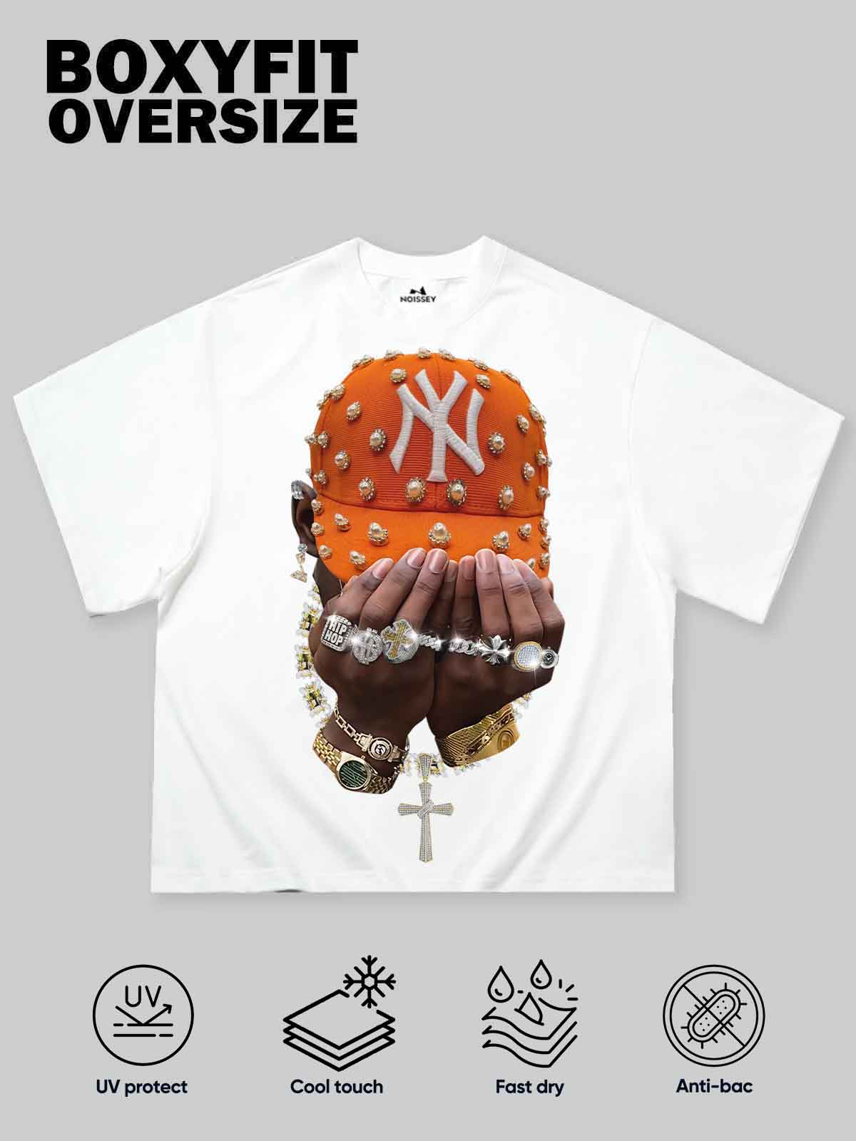 Boxy Oversized T-Shirt with Orange Pearl Cap & Jewelry Print - Image 2