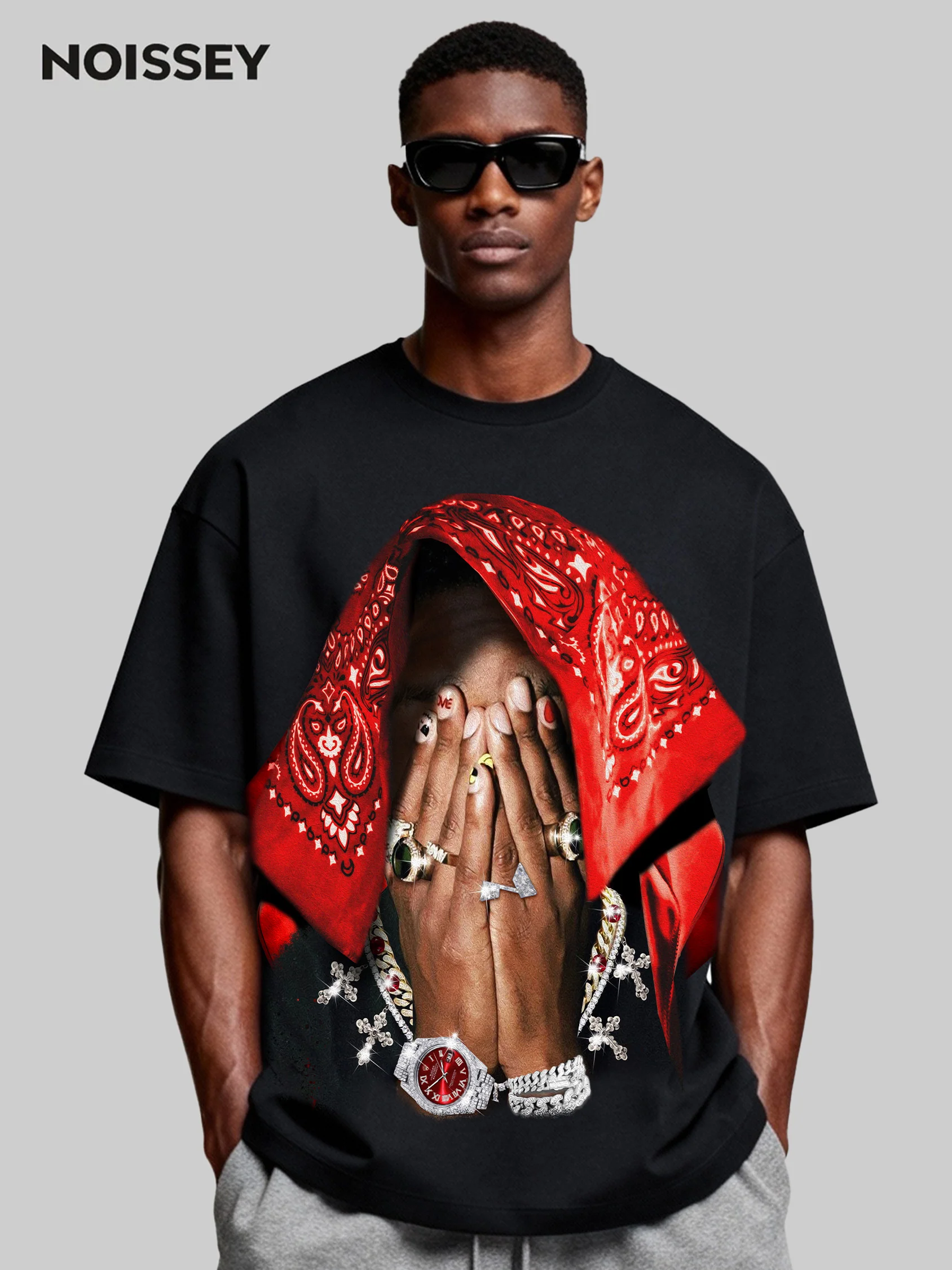 Boxy Oversized T-shirt with Red Paisley Art Headscarf Figure Print - Image 2
