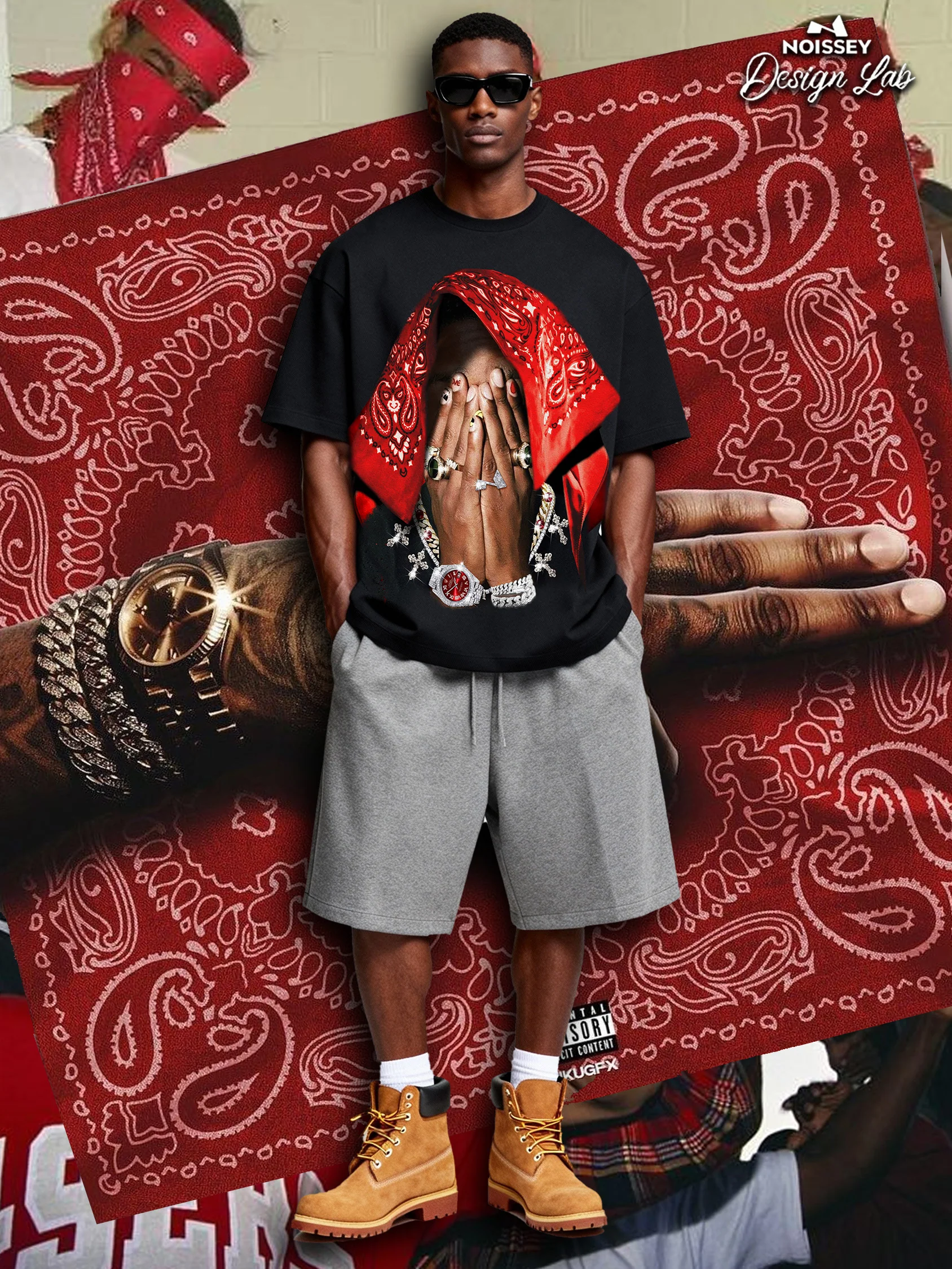 Boxy Oversized T-shirt with Red Paisley Art Headscarf Figure Print - Image 4