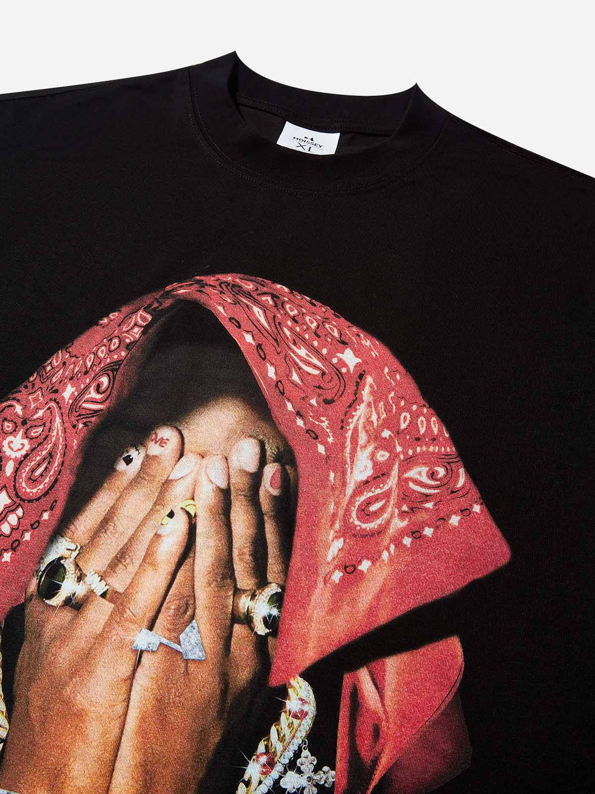 Boxy Oversized T-shirt with Red Paisley Art Headscarf Figure Print - Image 6