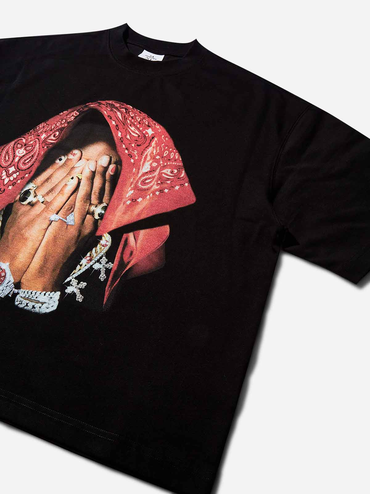 Boxy Oversized T-shirt with Red Paisley Art Headscarf Figure Print - Image 7