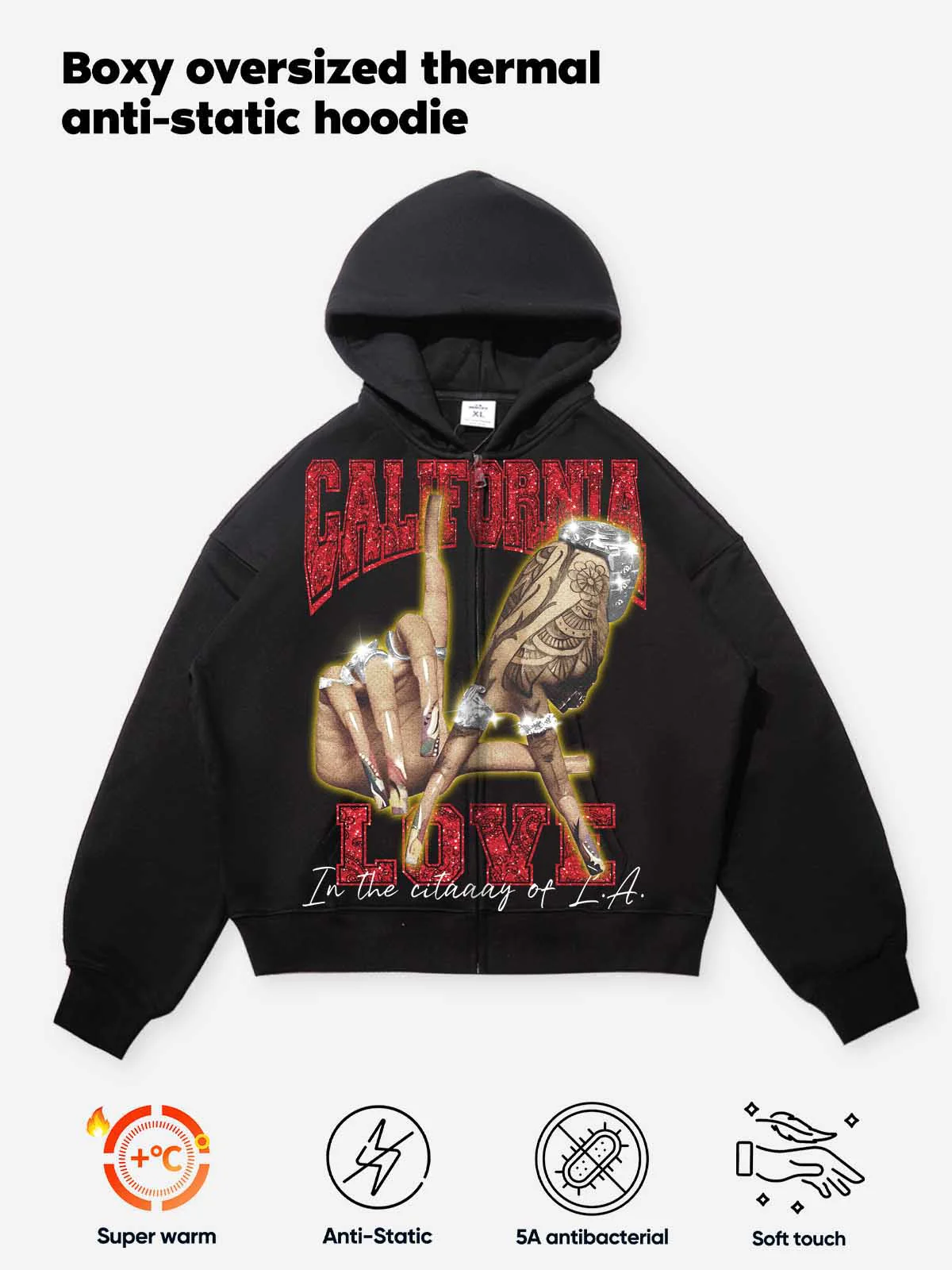 NOISSEY "California Love" Rhinestone Zip-Up Hoodie | LA Hand Sign - Image 2