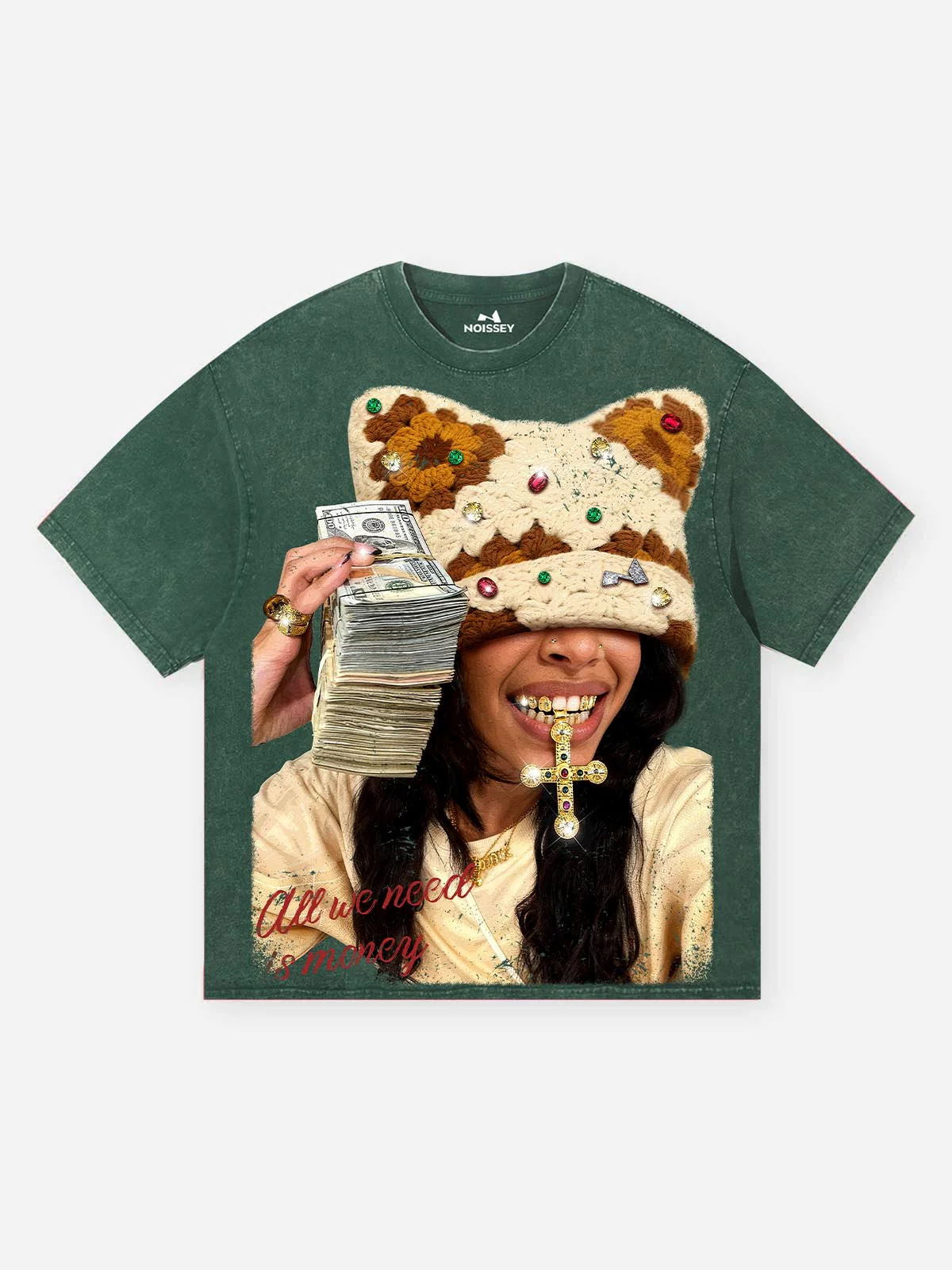 Colorful Diamond Brown Cat-Ear Cat & Street Girl Washed Print T-shirt