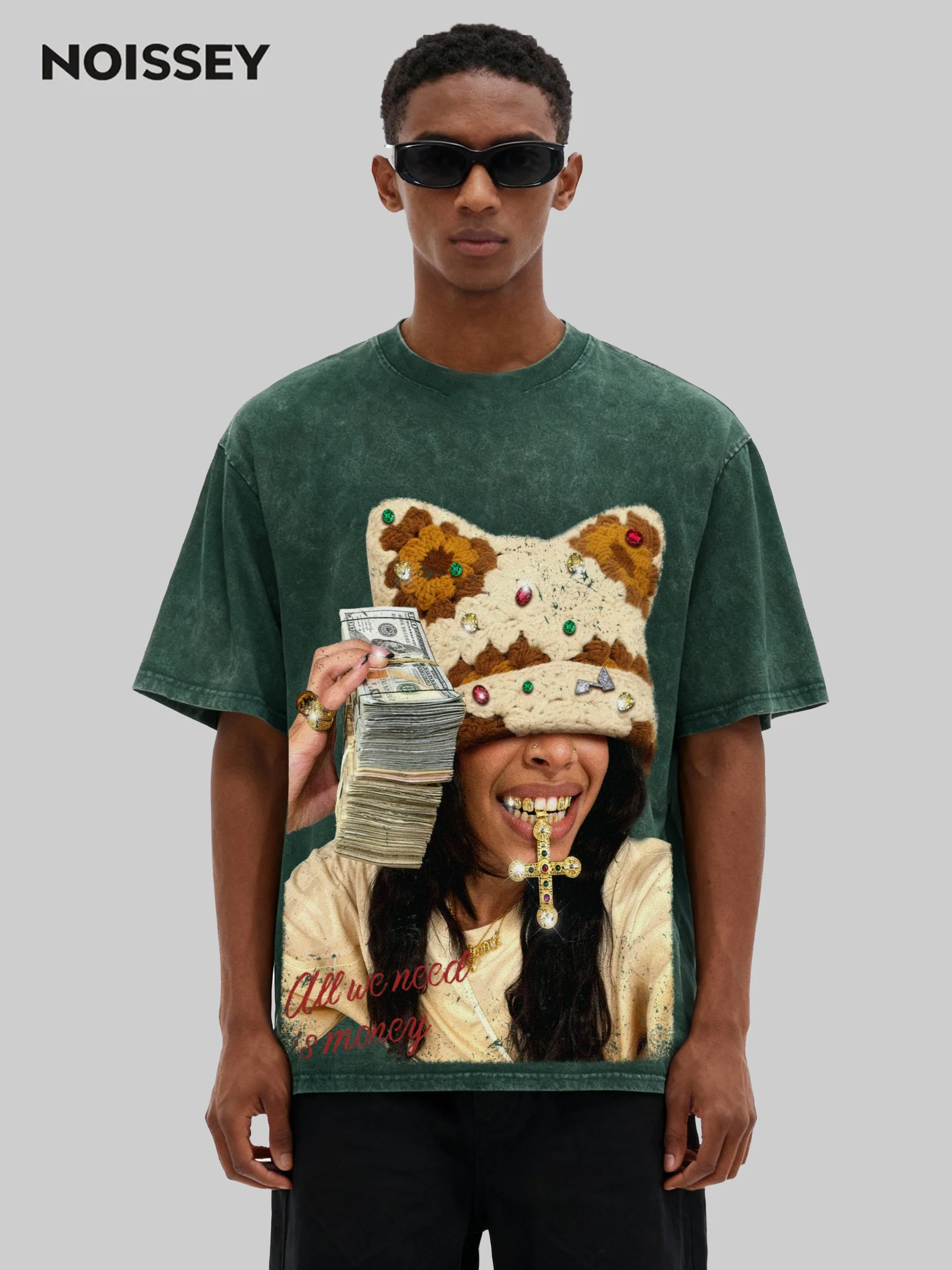 Colorful Diamond Brown Cat-Ear Cat & Street Girl Washed Print T-shirt - Image 5