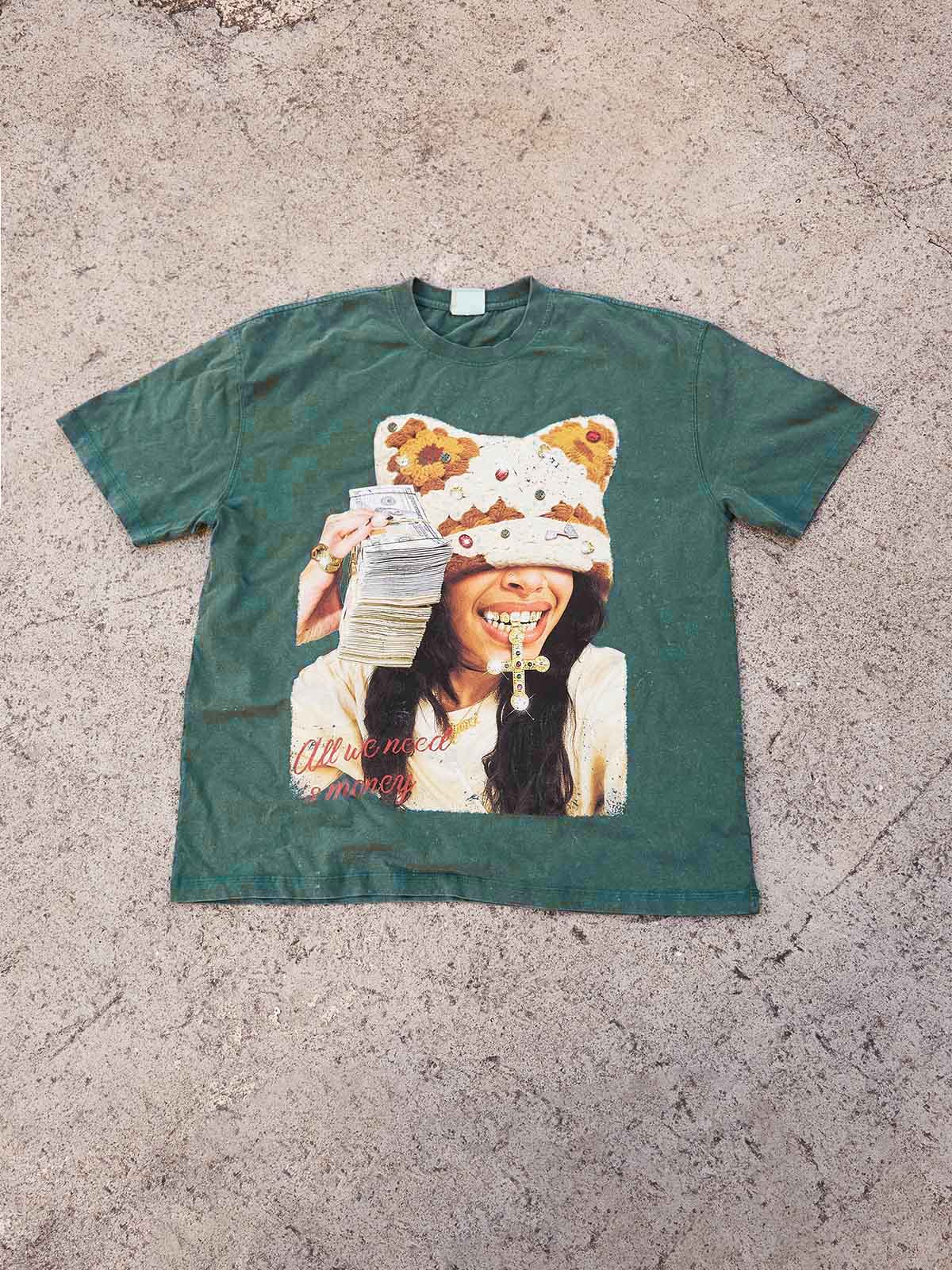 Colorful Diamond Brown Cat-Ear Cat & Street Girl Washed Print T-shirt - Image 7