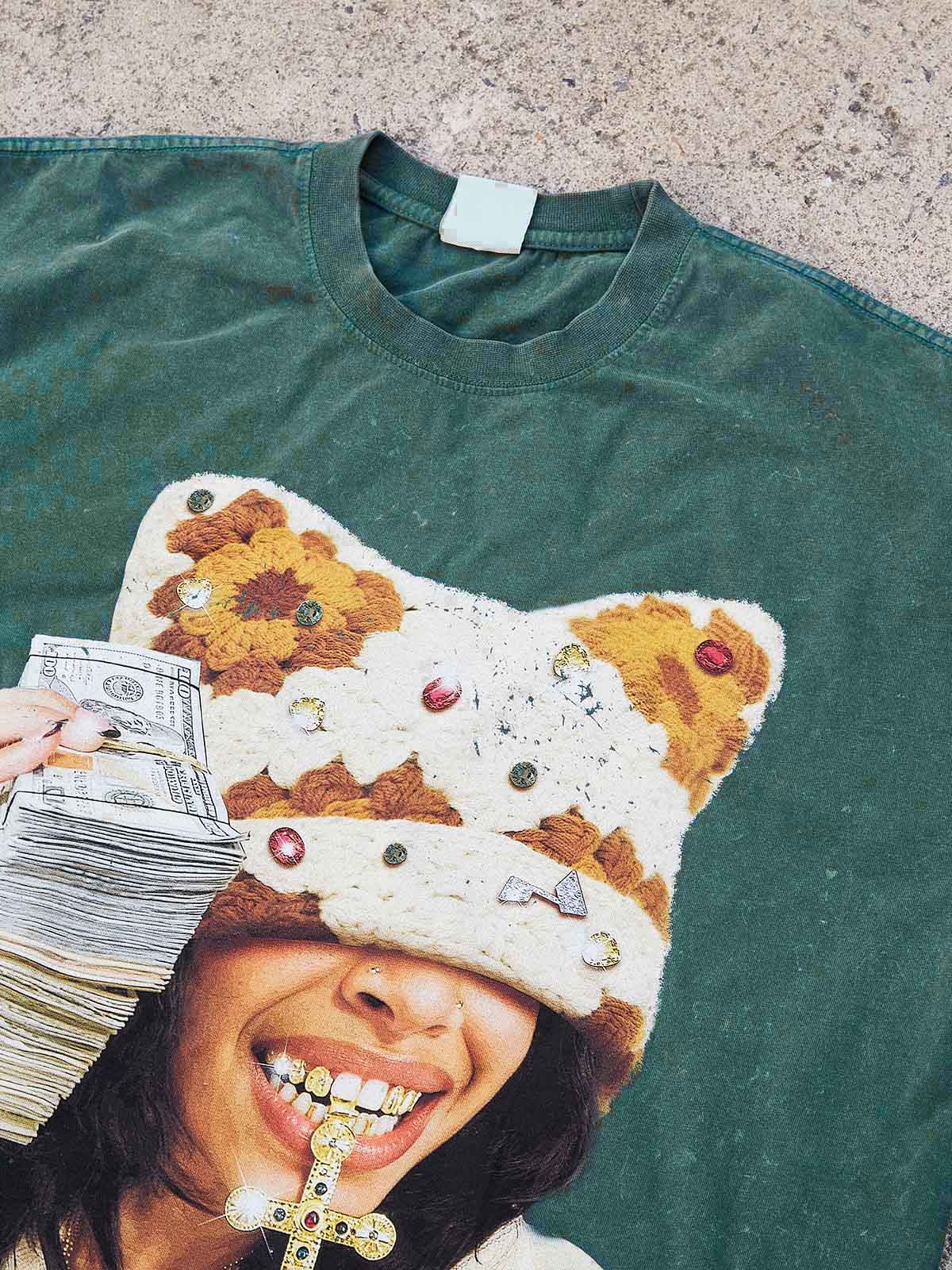 Colorful Diamond Brown Cat-Ear Cat & Street Girl Washed Print T-shirt - Image 8
