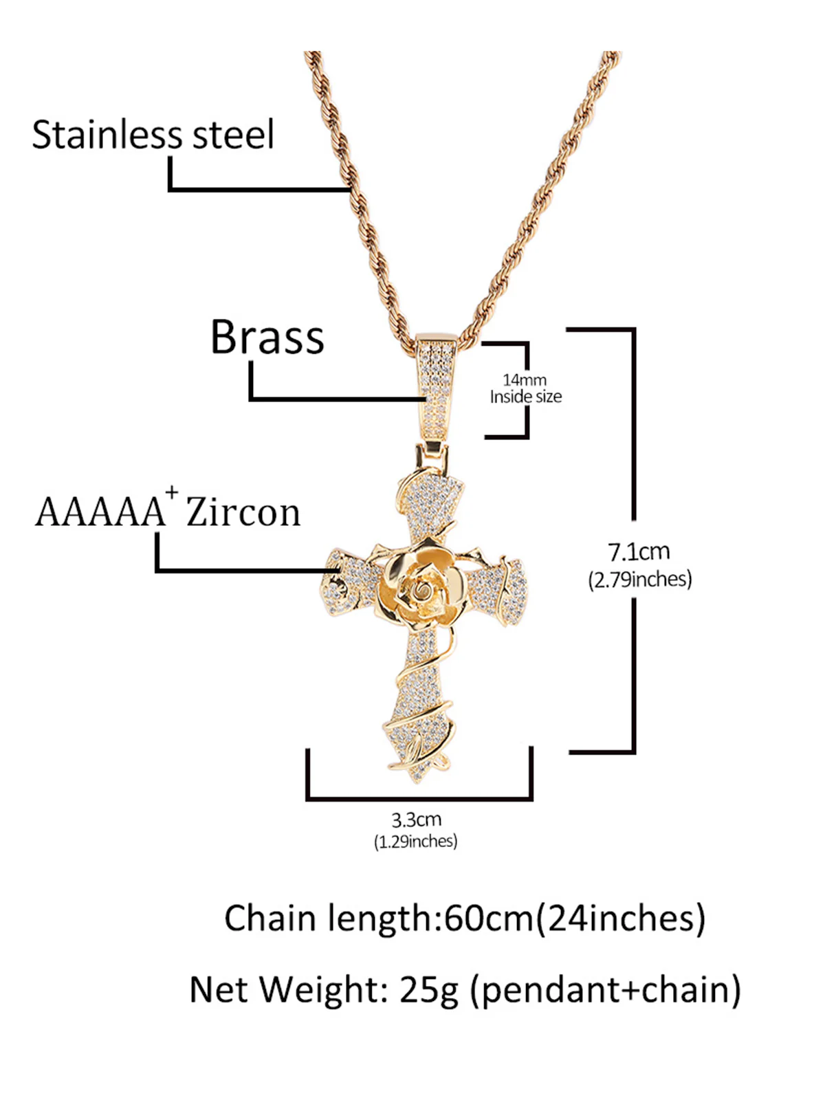 Copper-Plated 5A Zircon Rose Cross Necklace - Image 10