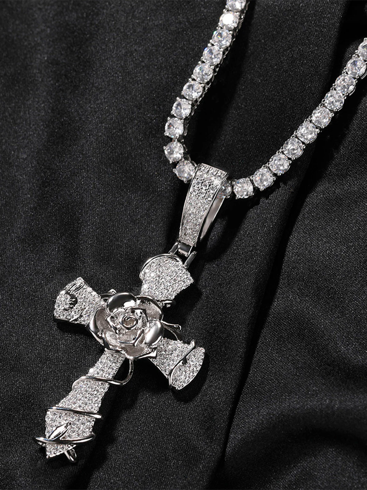 Copper-Plated 5A Zircon Rose Cross Necklace - Image 4