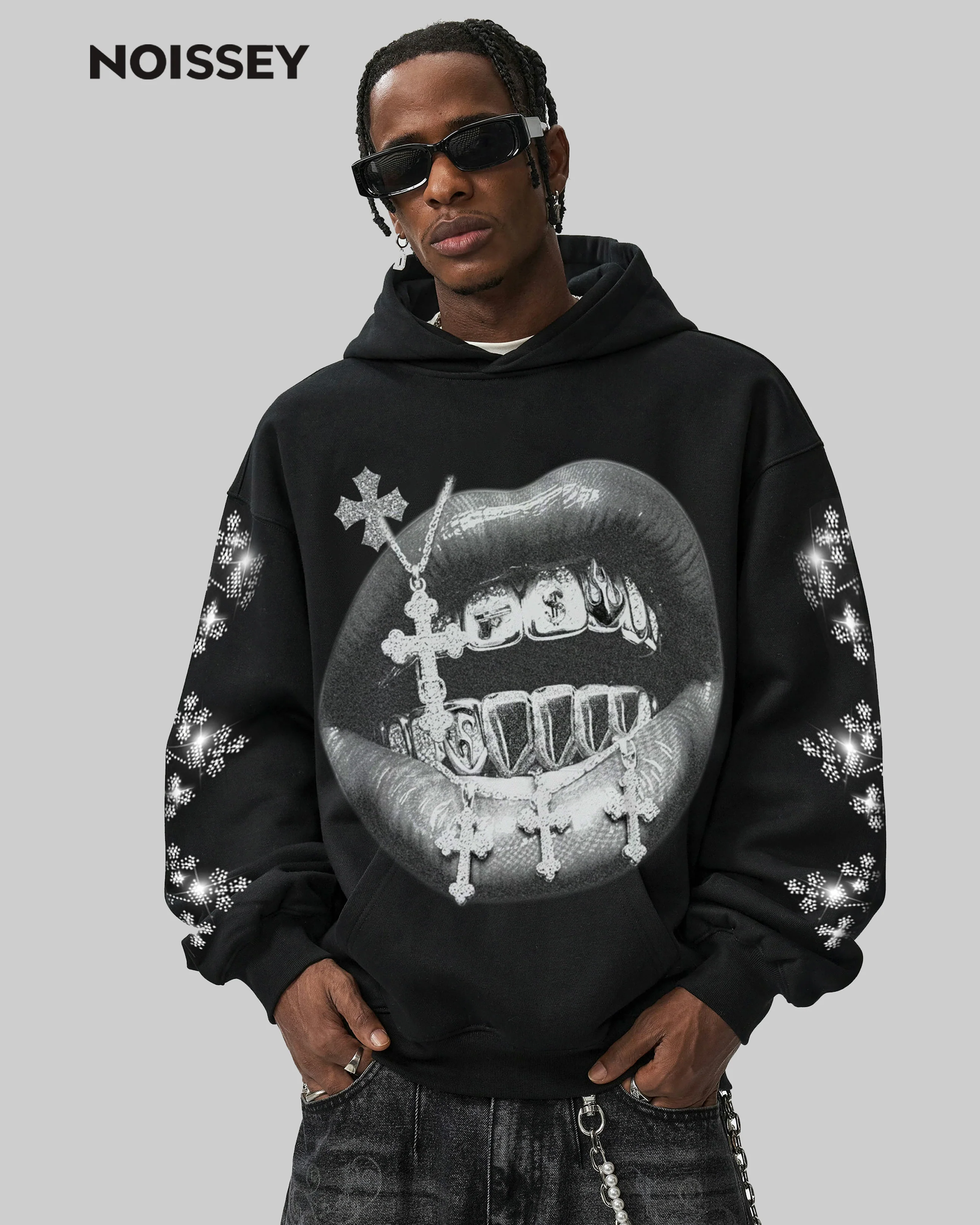 NOISSEY Cross Grillz Rhinestone Sleeve Thermal Hoodie - Image 3