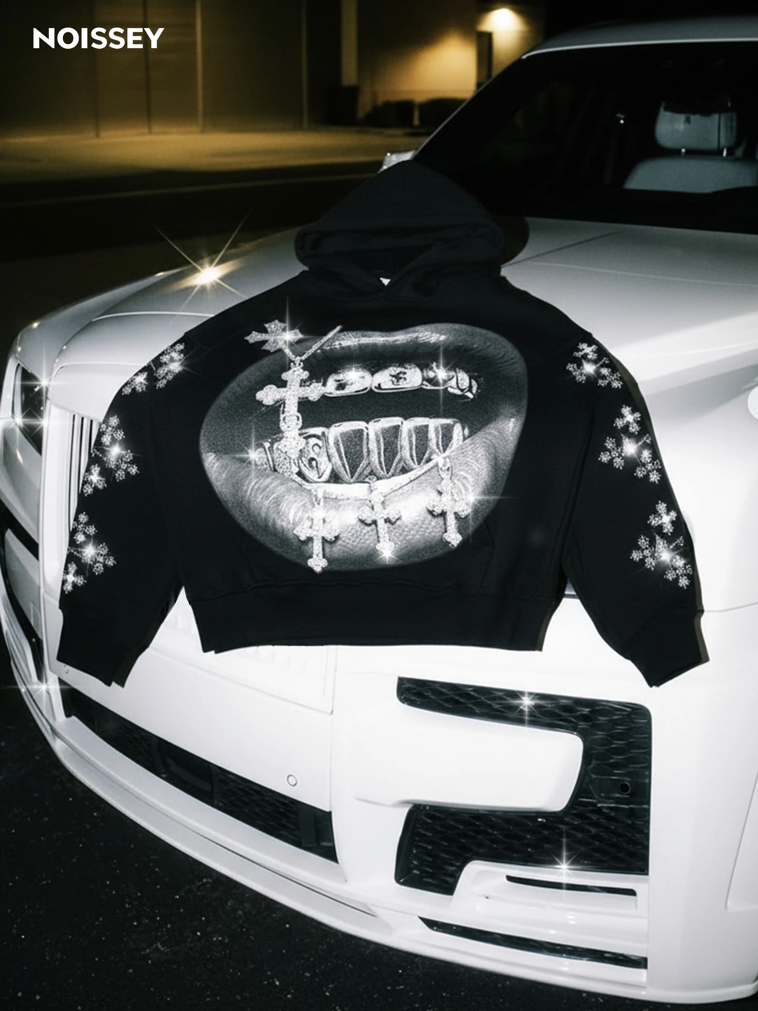NOISSEY Cross Grillz Rhinestone Sleeve Thermal Hoodie - Image 4