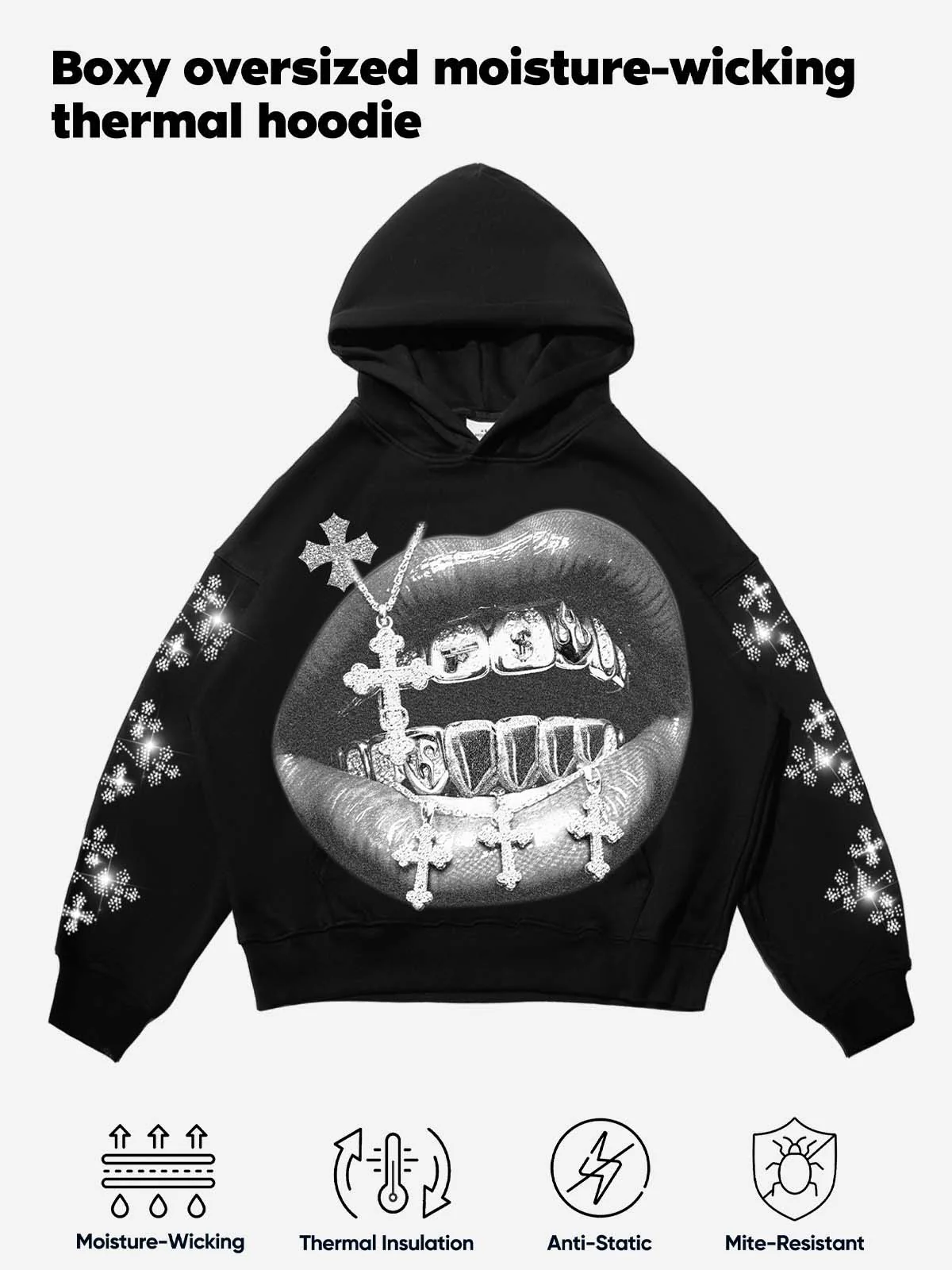 NOISSEY Cross Grillz Rhinestone Sleeve Thermal Hoodie - Image 5