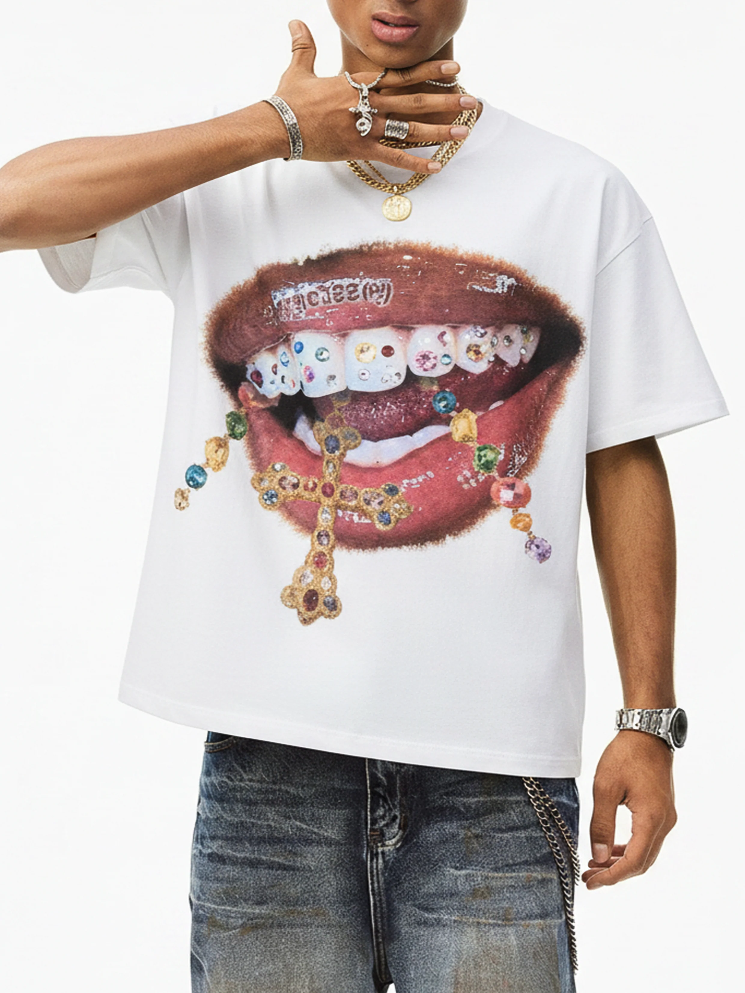 Diamond Cross Grillz" Boxy Oversized Heavyweight Cooling Tee - Image 7