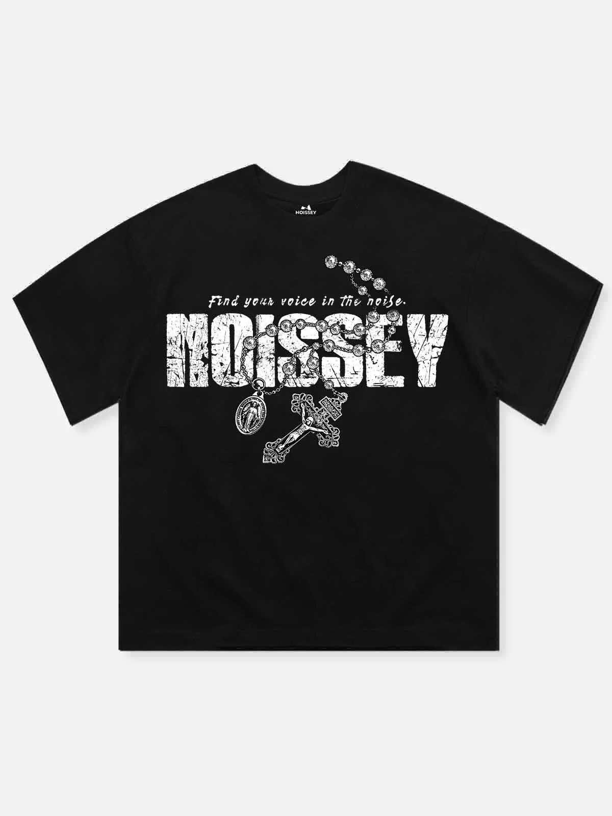 NOISSEY Find Your Voice Vintage Distressed Rosary Cross Art Tee - Pitch Black