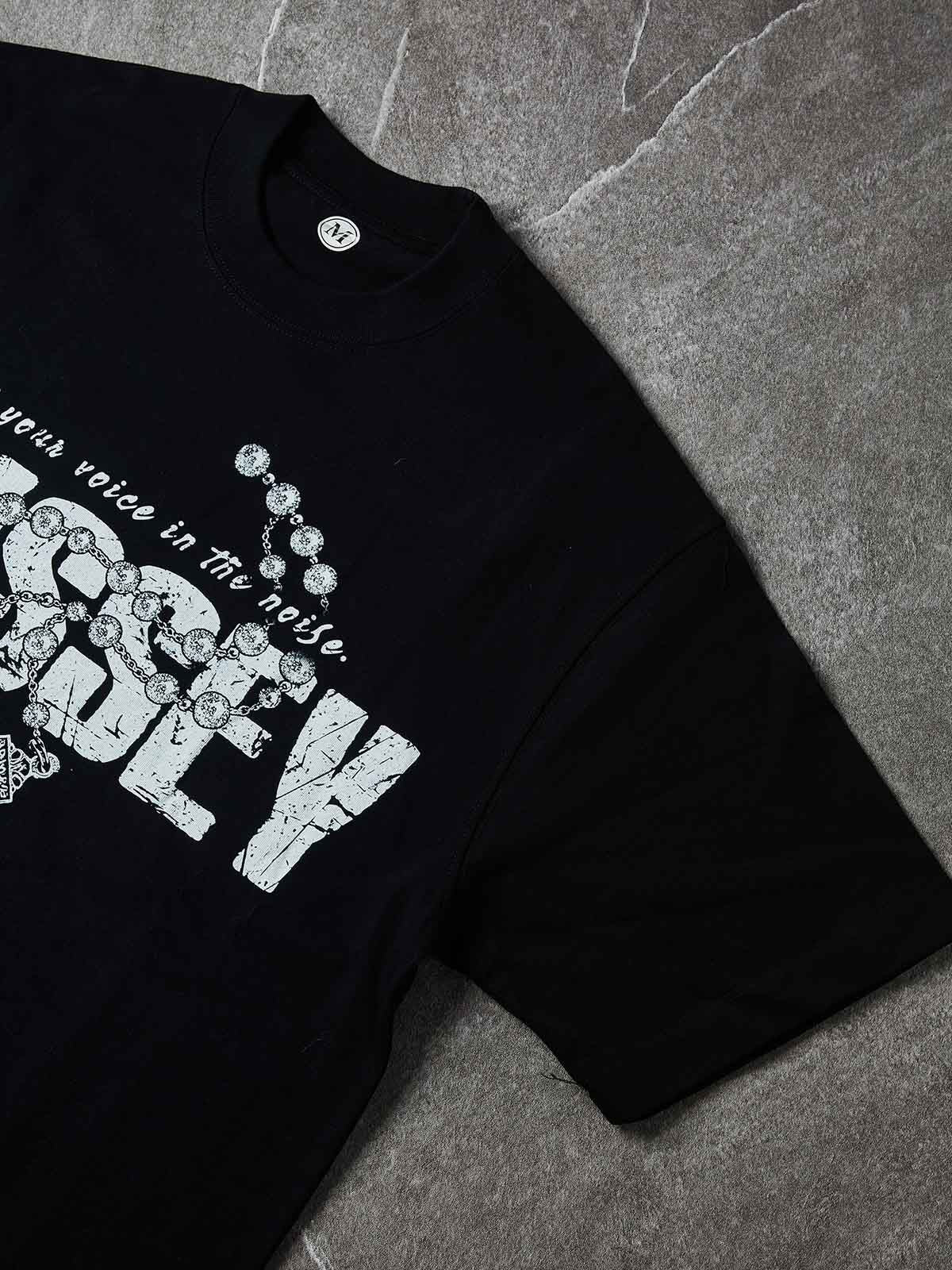 NOISSEY Find Your Voice Vintage Distressed Rosary Cross Art Tee - Pitch Black - Image 5