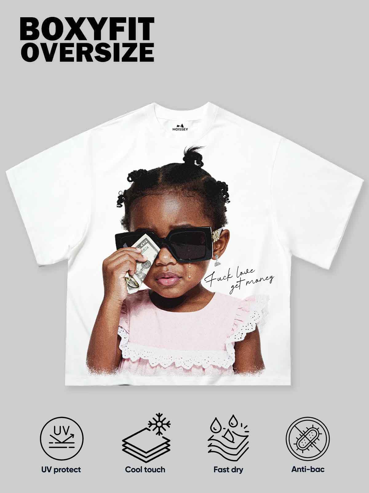 "Fuck Love Get Money" Girl Print Boxy Oversized T-Shirt - Image 2