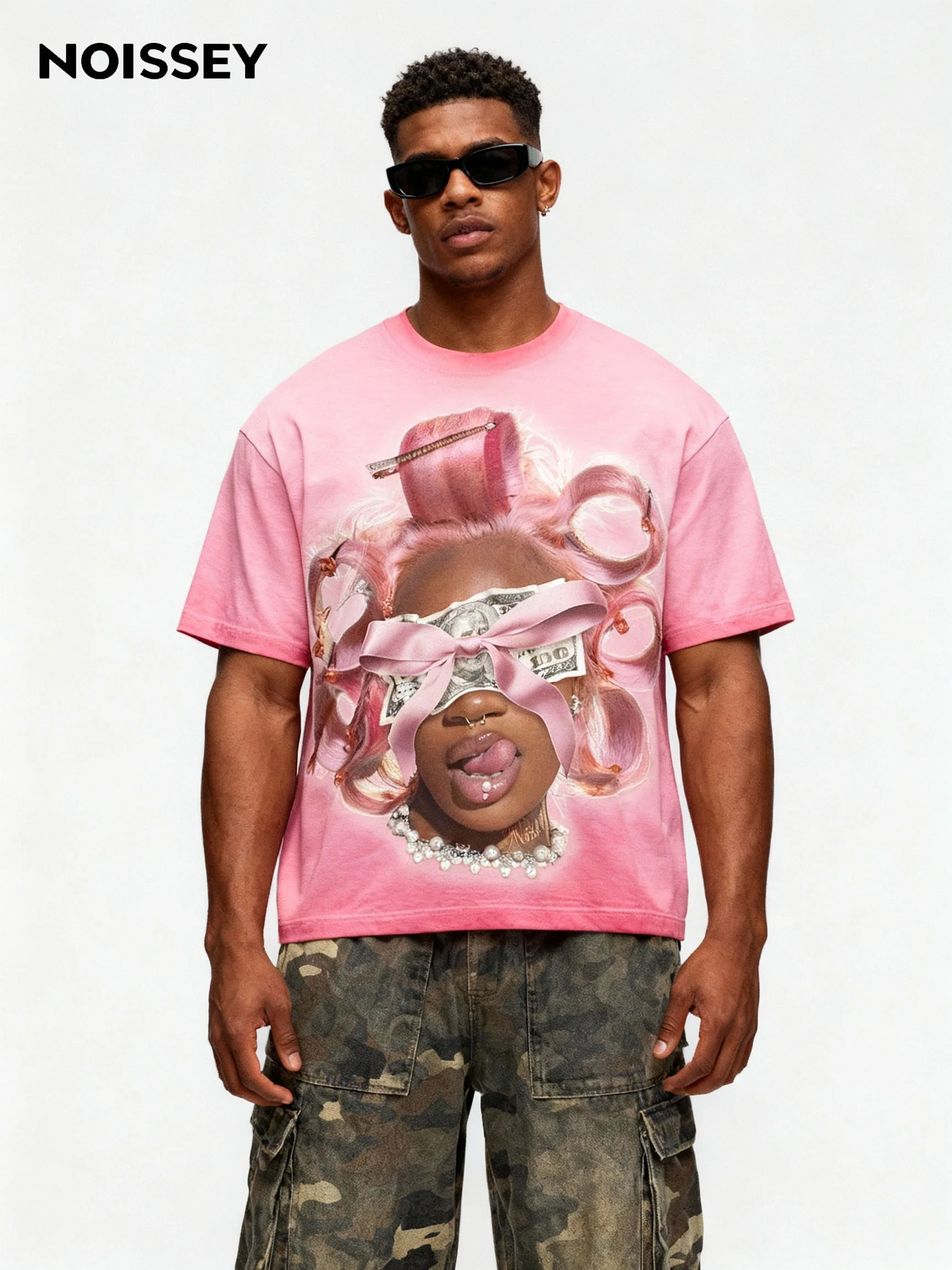 Girl and Her Curling Iron Pink Wash Print T-shirt - Image 2