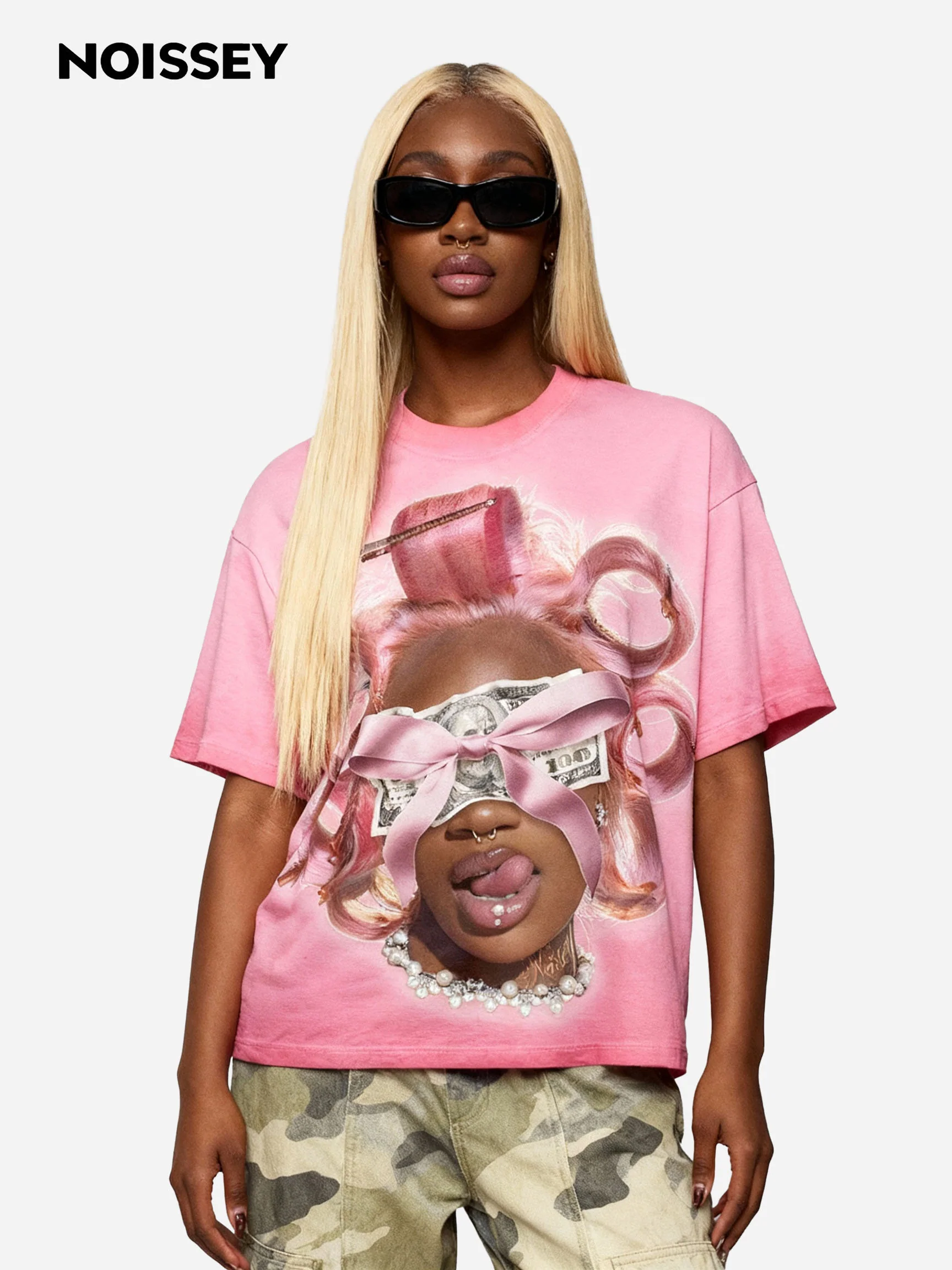 Girl and Her Curling Iron Pink Wash Print T-shirt - Image 3