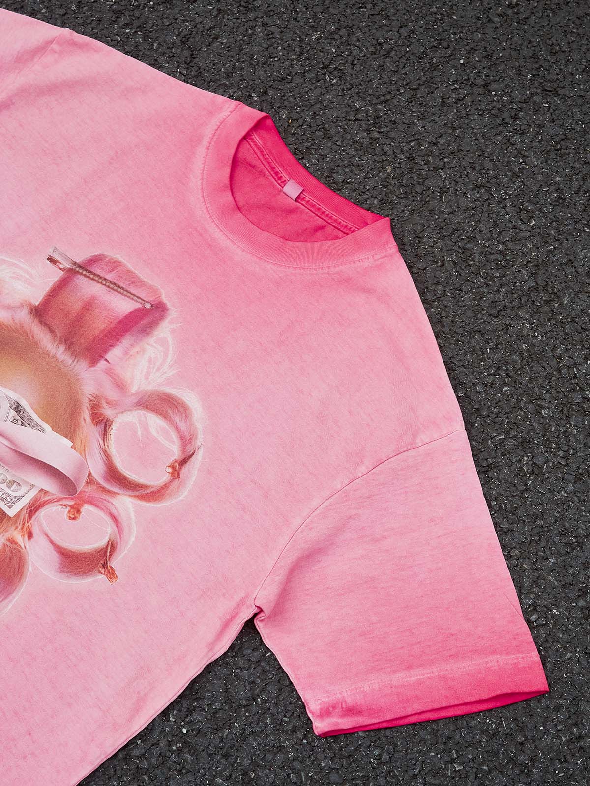 Girl and Her Curling Iron Pink Wash Print T-shirt - Image 8