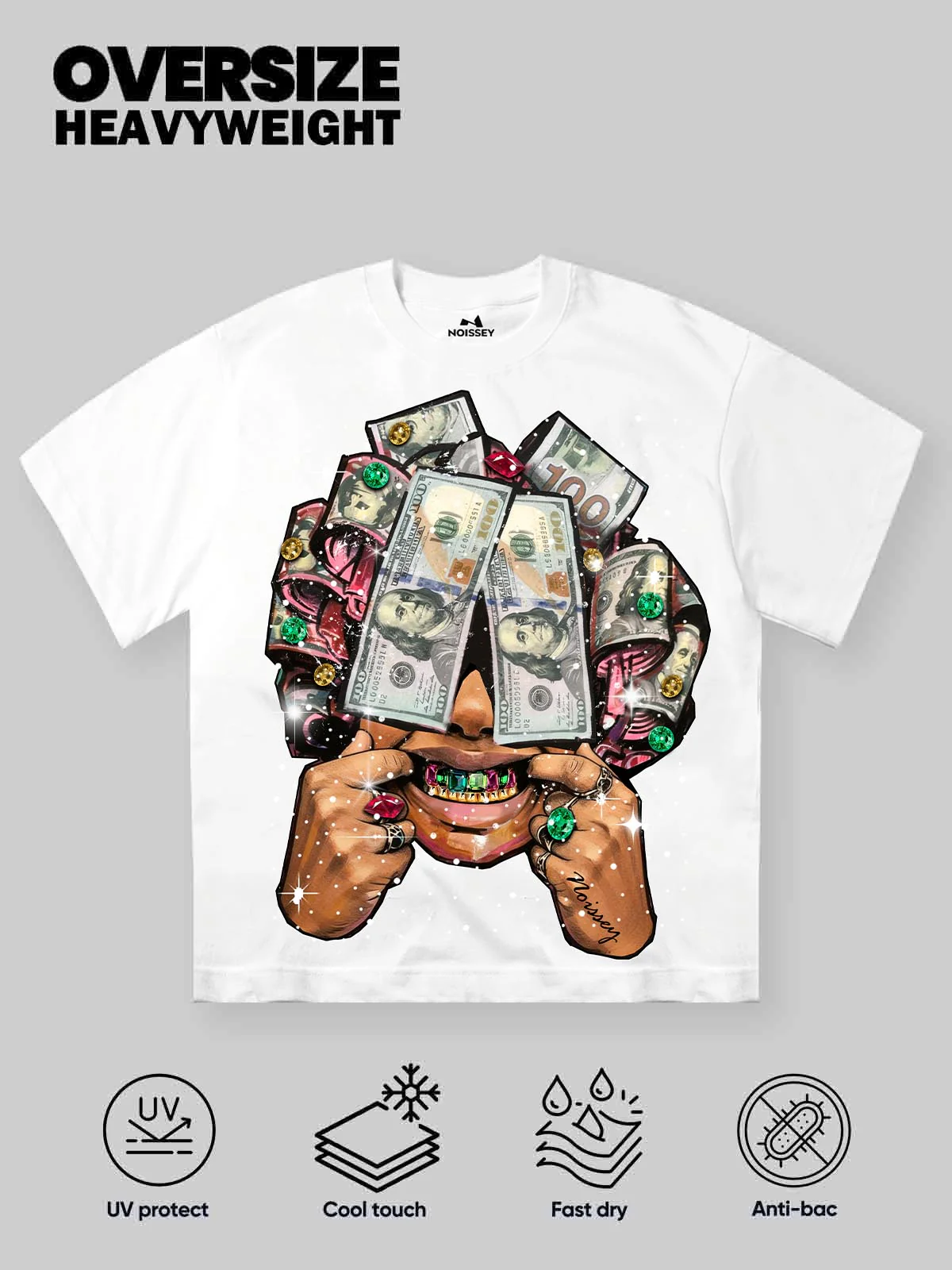 Glitter Graffiti Money-Head Woman Art Print Streetwear Oversized Graphic T-Shirt - Image 2