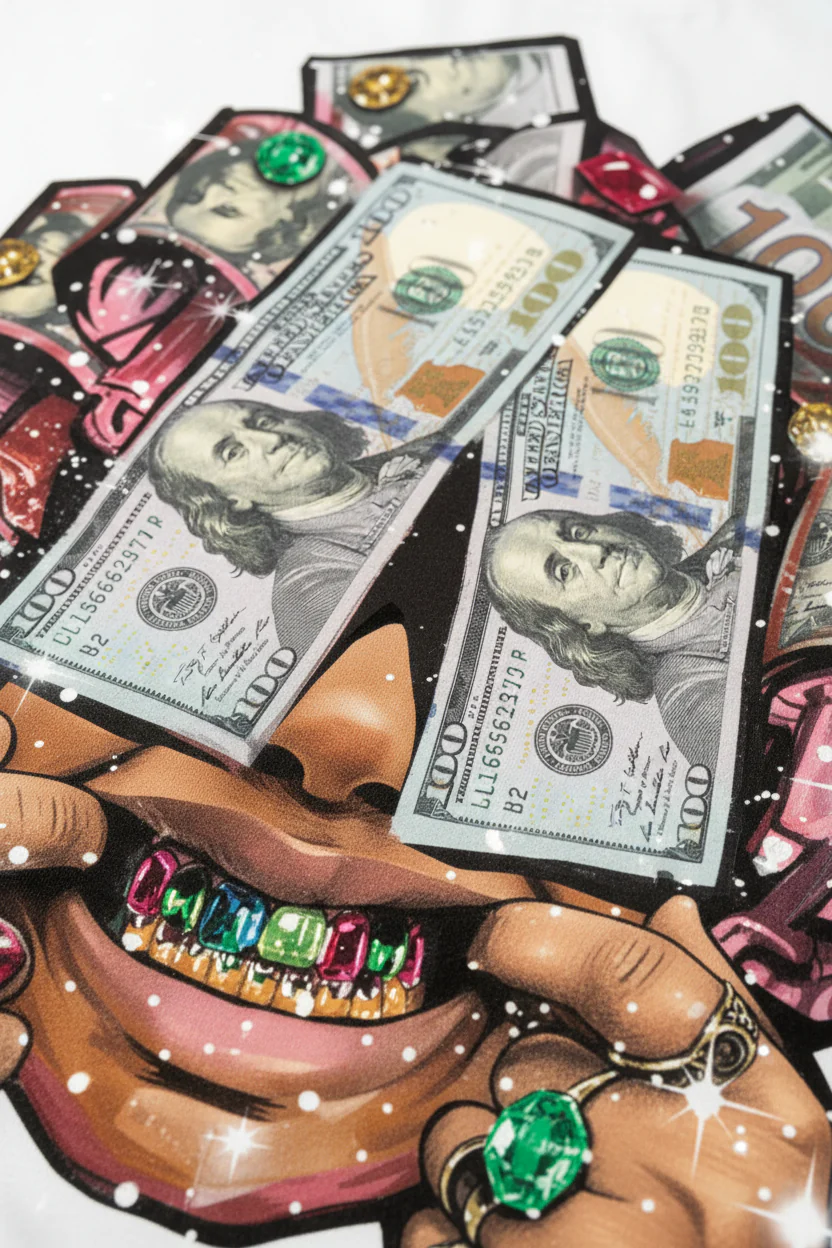 Glitter Graffiti Money-Head Woman Art Print Streetwear Oversized Graphic T-Shirt - Image 8